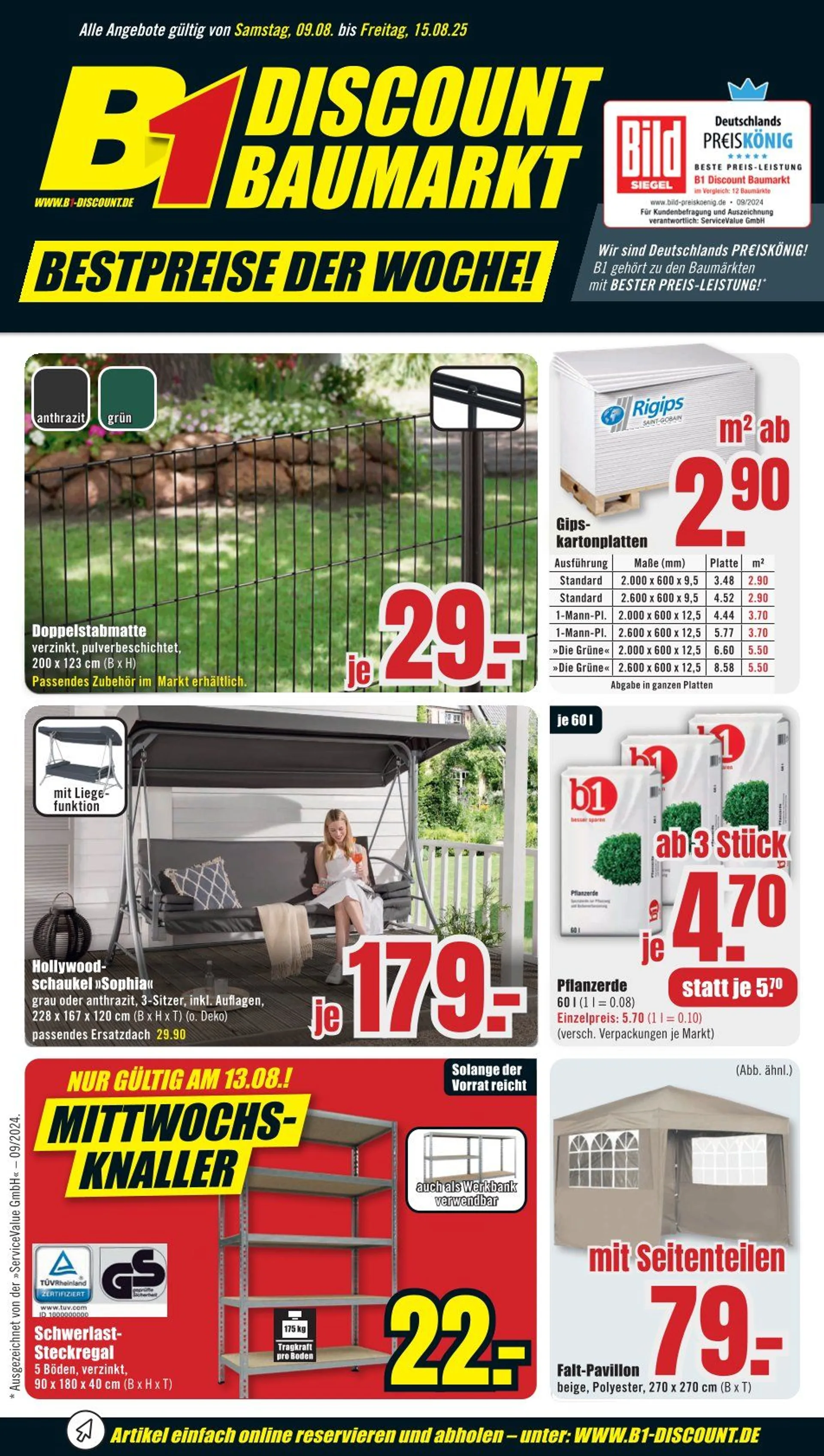 B1 Discount Baumarkt Prospekte von 9. August bis 15. August 2025 - Prospekt seite 1
