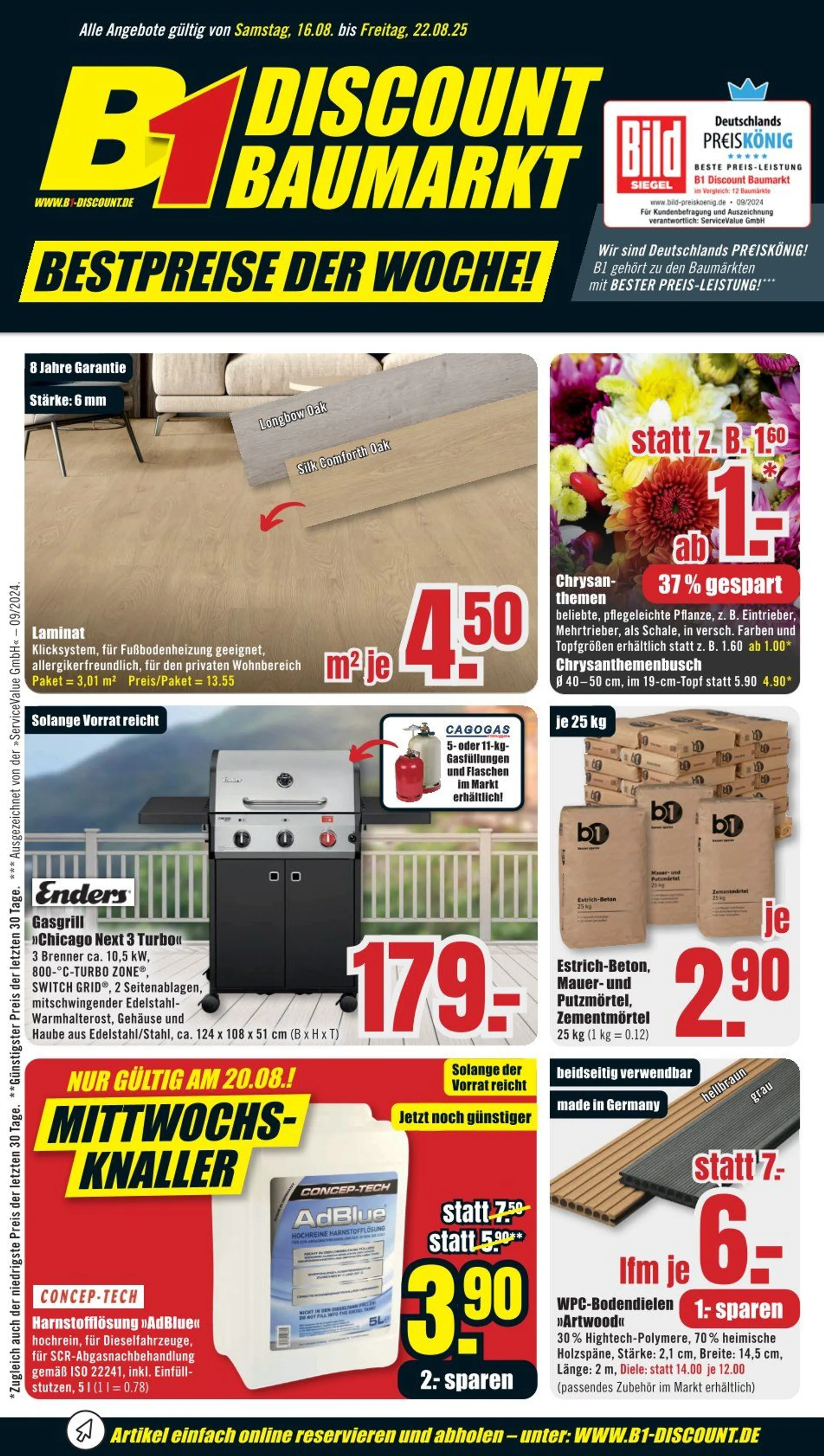 B1 Discount Baumarkt Prospekte von 16. August bis 22. August 2025 - Prospekt seite 1