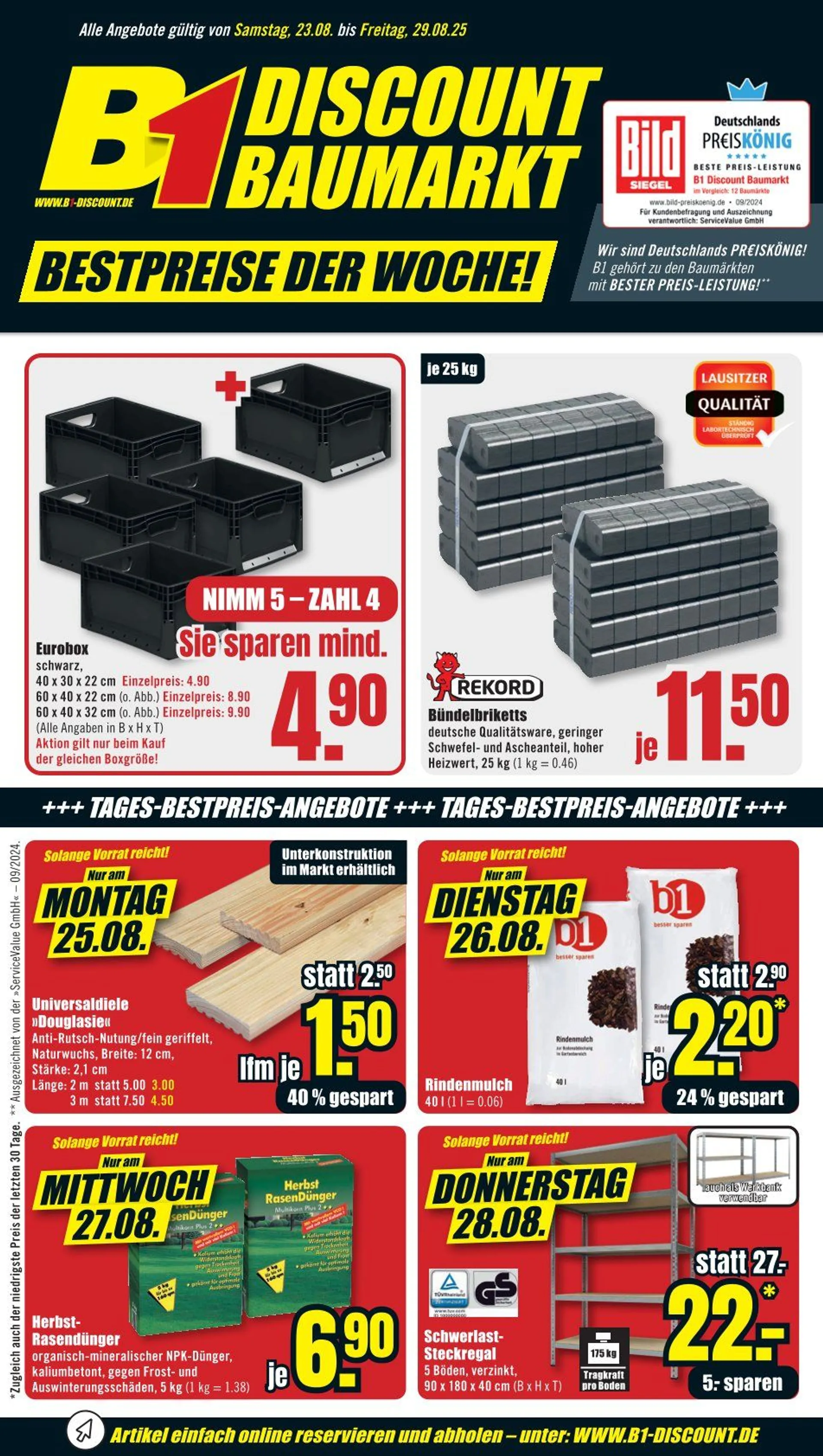 B1 Discount Baumarkt Prospekte von 23. August bis 29. August 2025 - Prospekt seite 1