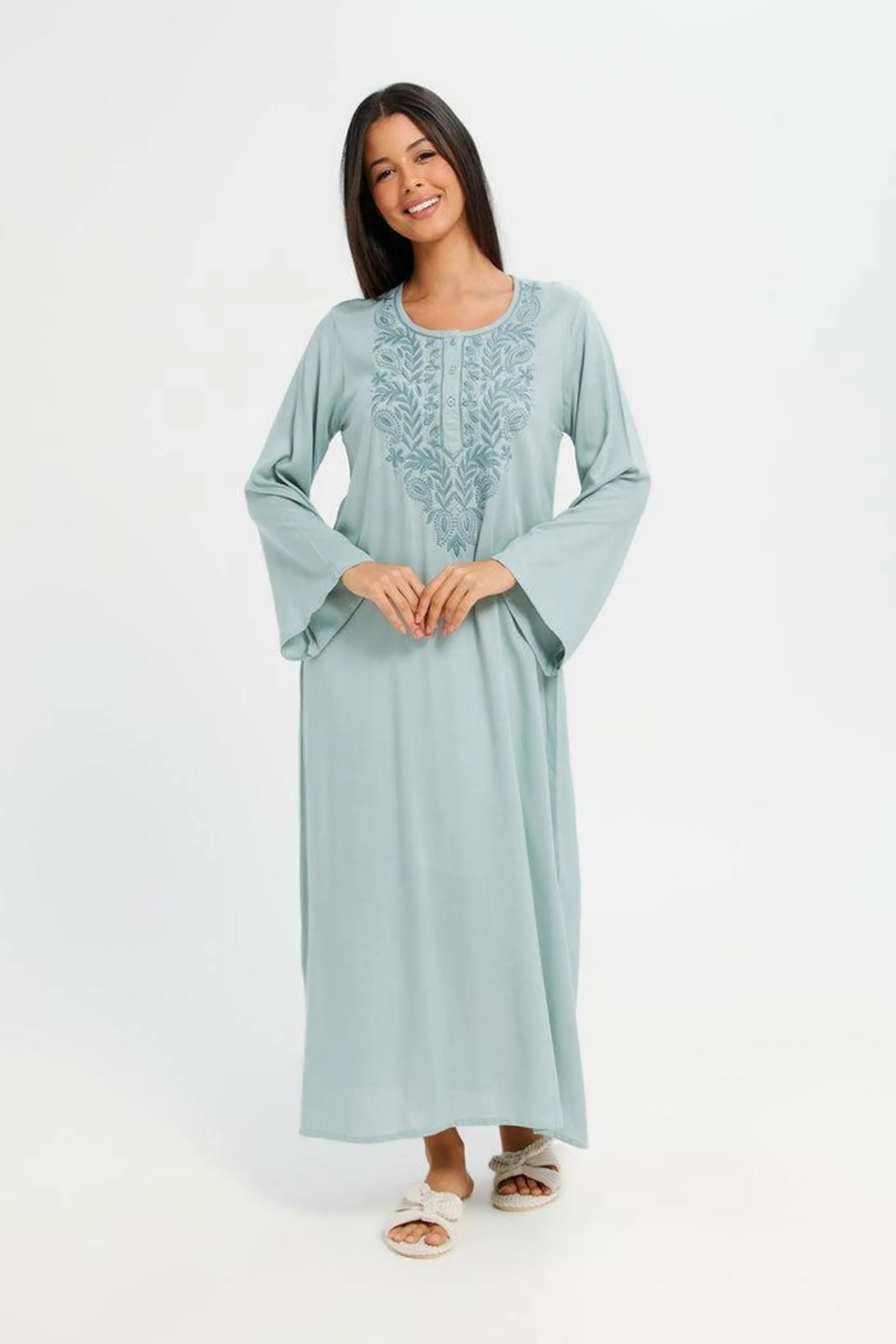 Women Mint Mint Solid Embroidery Nightgown