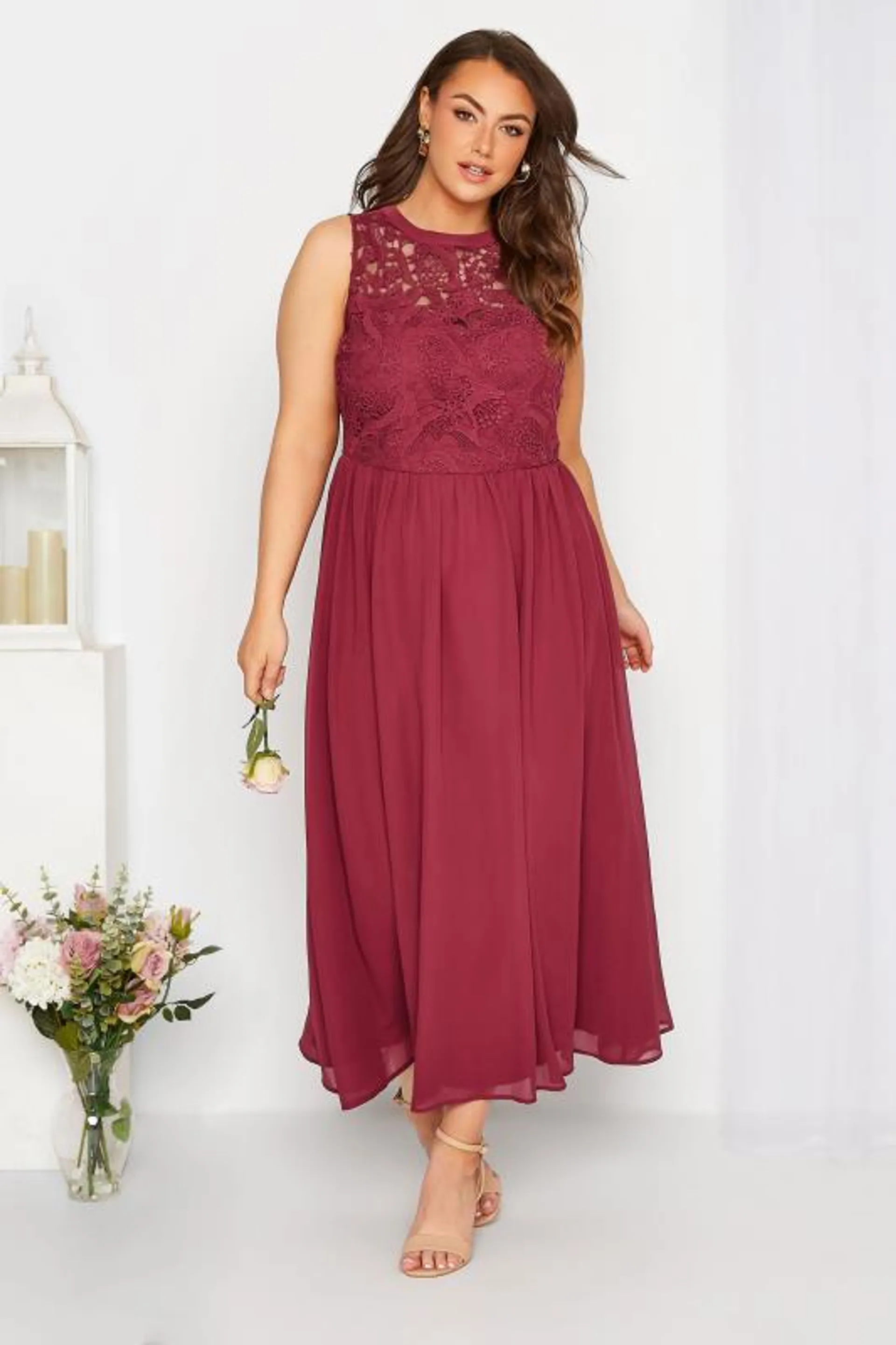 YOURS LONDON Curve Burgundy Red Lace Front Chiffon Maxi Dress