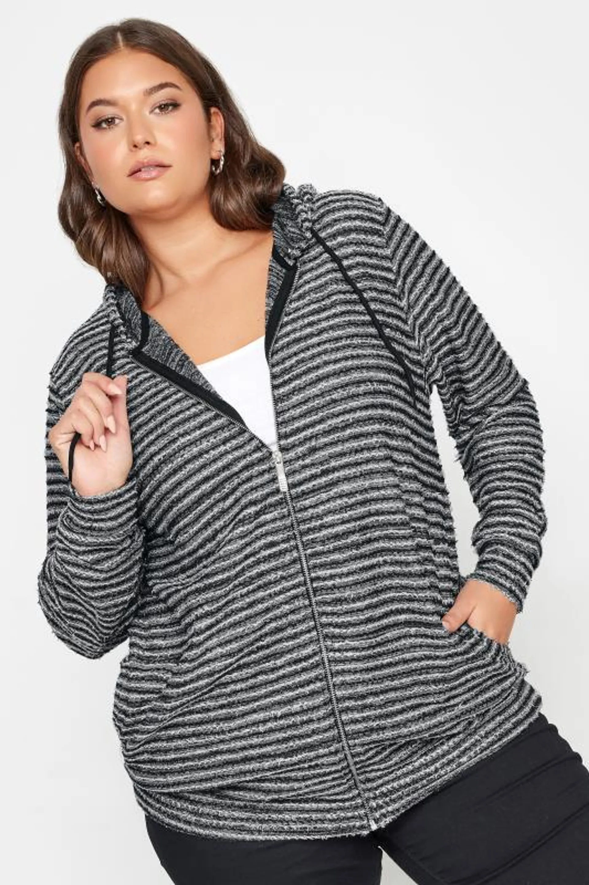 YOURS Curve Black & White Textured Knit Zip Up Hoodie