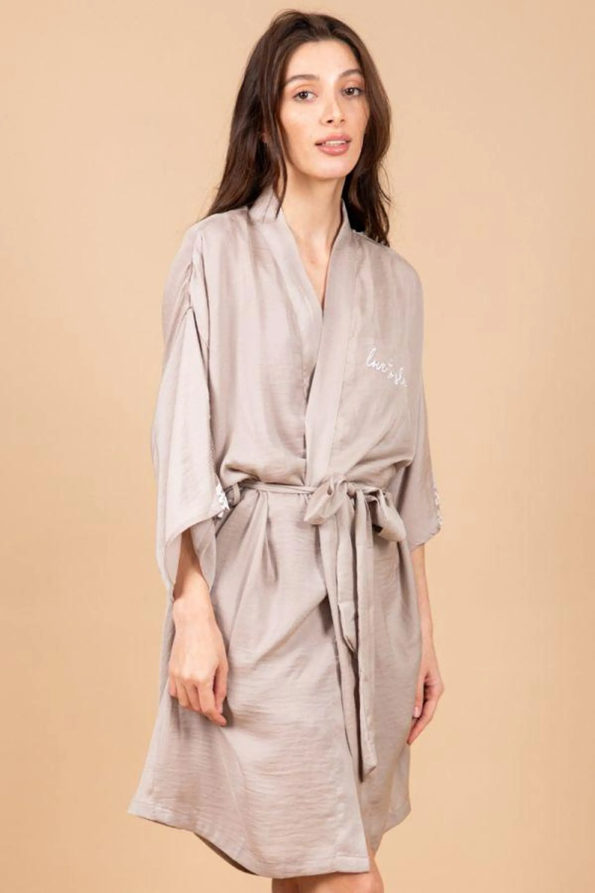 Ladies Taupe Satin White Lace Robe