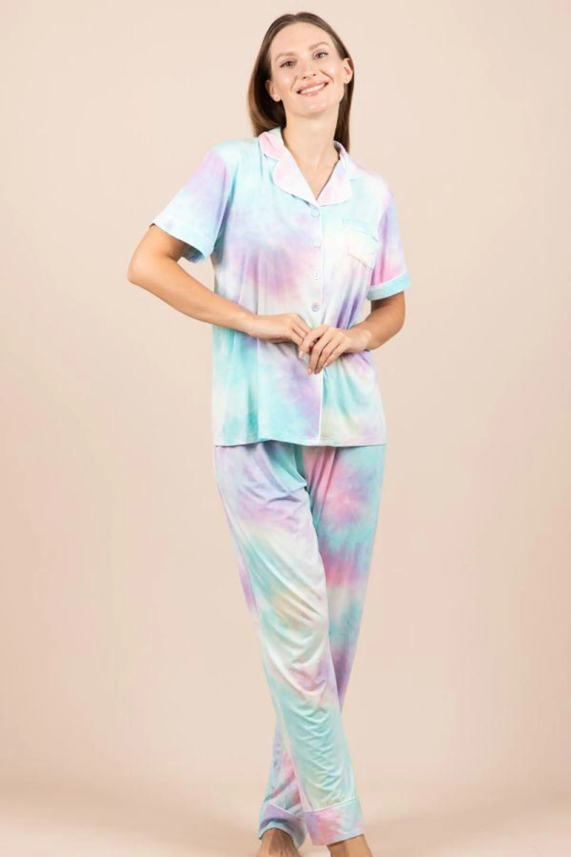 Ladies Lilac Blue Tie Dye Button Through PJ