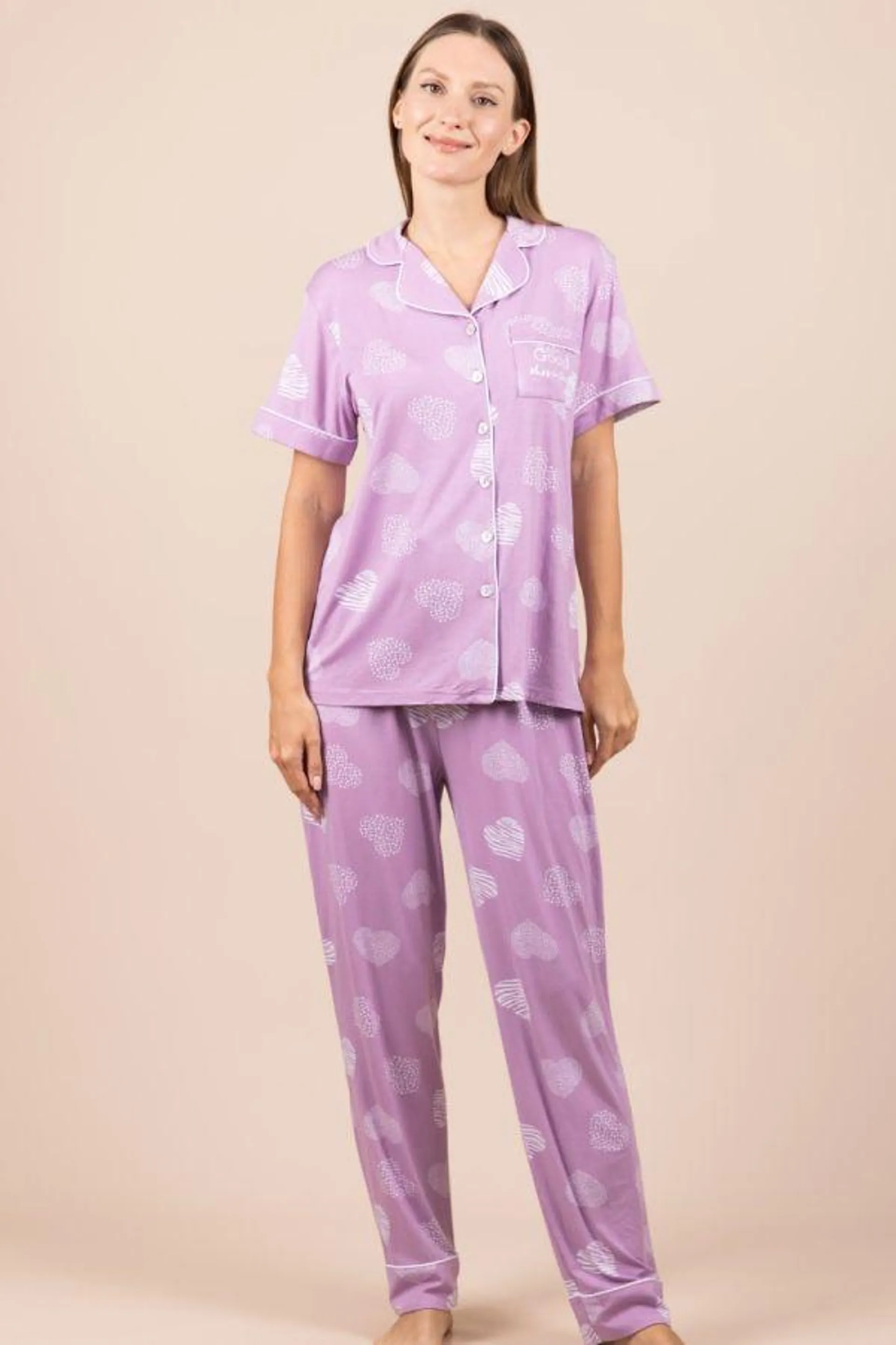 Ladies Mauve Heart Pattern Button Through PJ