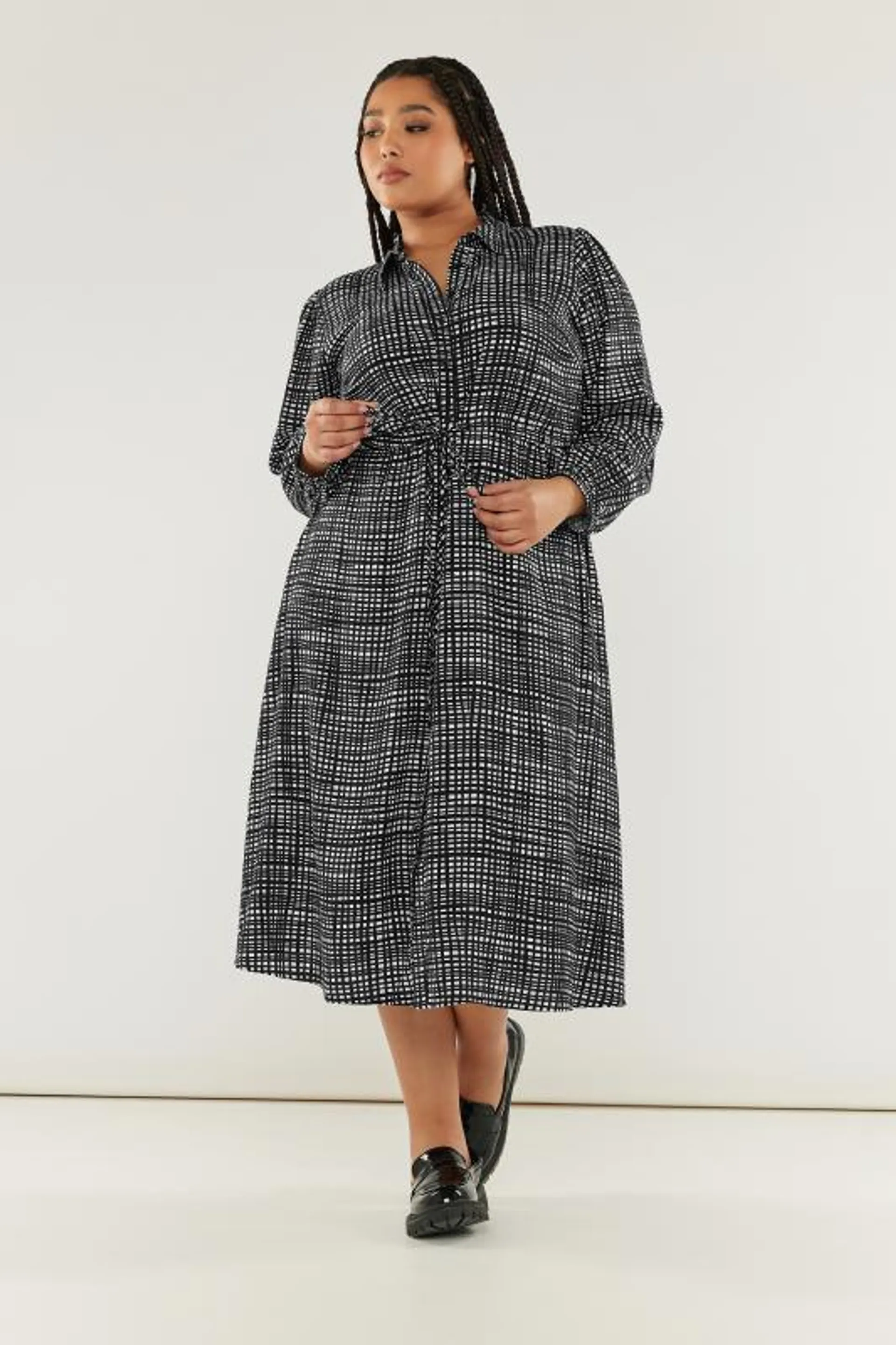 YOURS Curve Black & White Grid Check Print Midaxi Shirt Dress