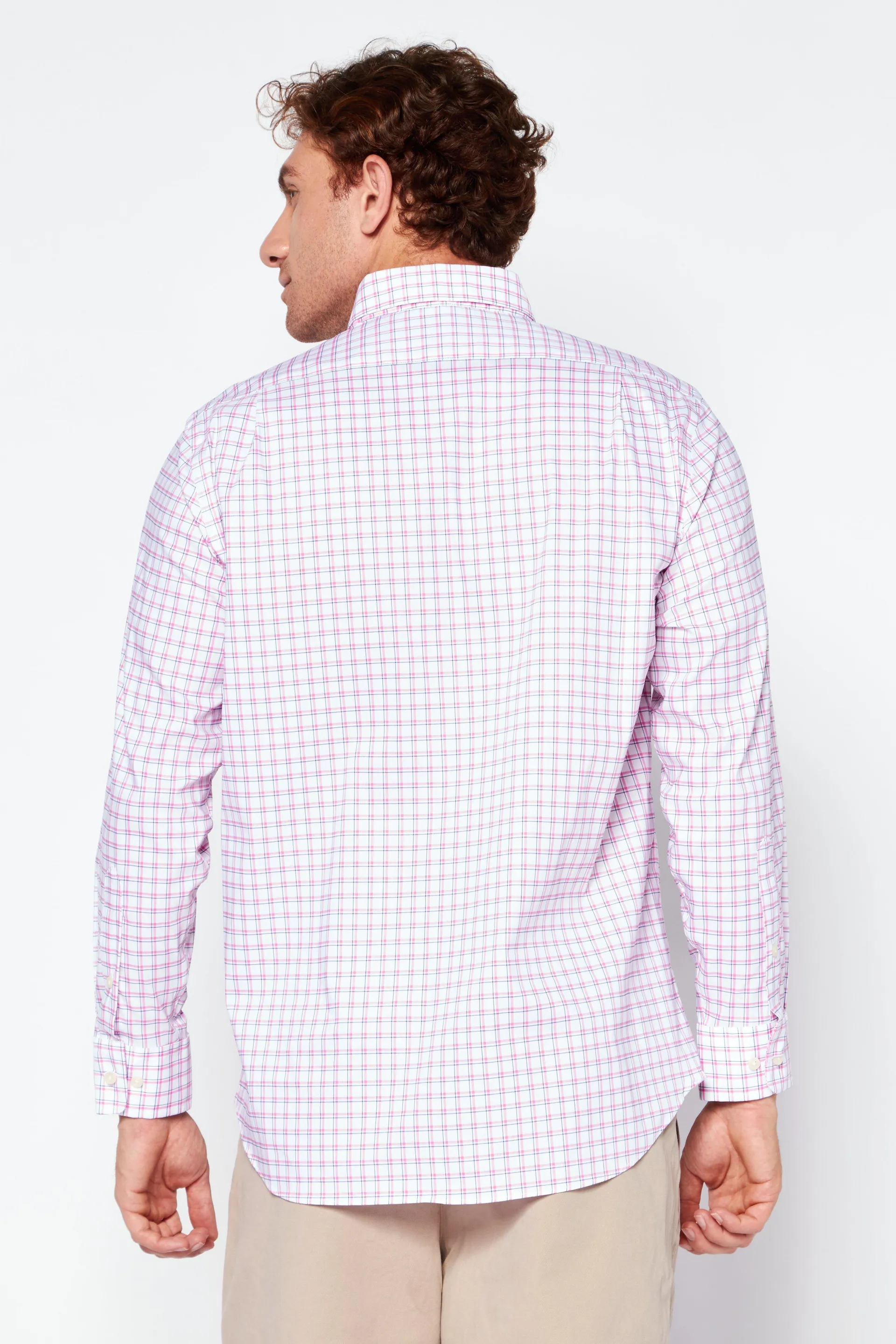 Men Slim Fit Checkered Long Sleeves Dress Shirt, Pink/White