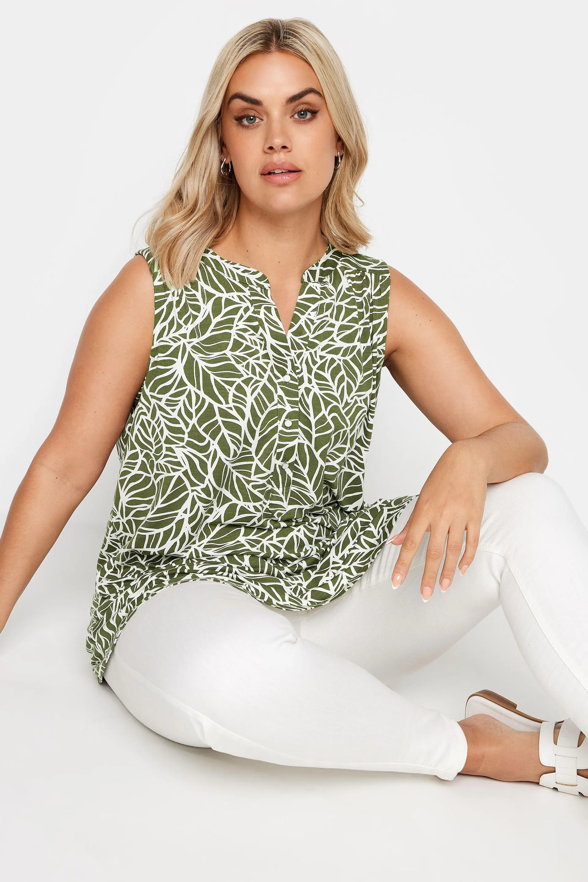 YOURS Curve Khaki Green Leaf Print Sleeveless Blouse