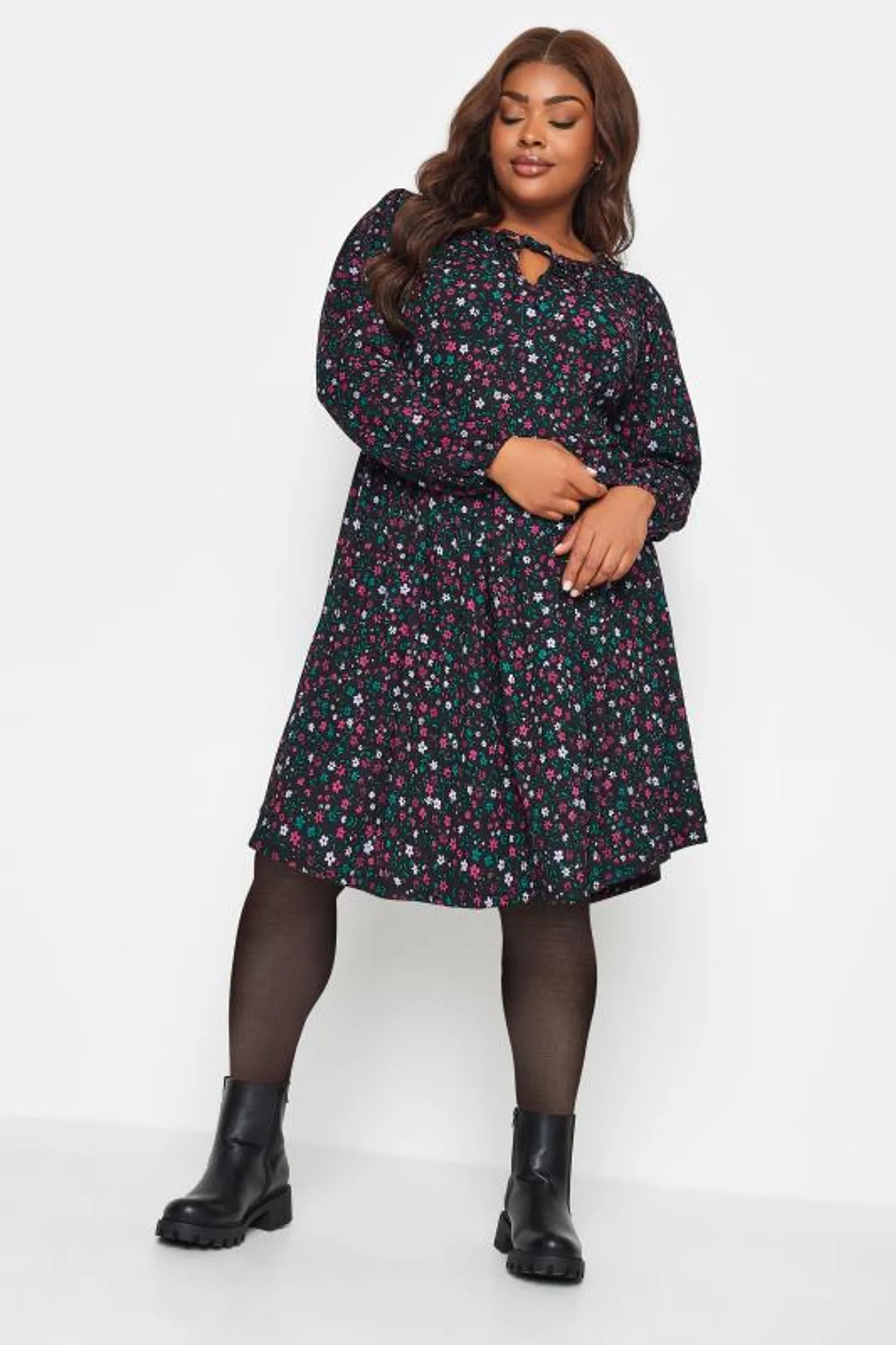 YOURS Curve Black Ditsy Floral Print Textured Midi Dress