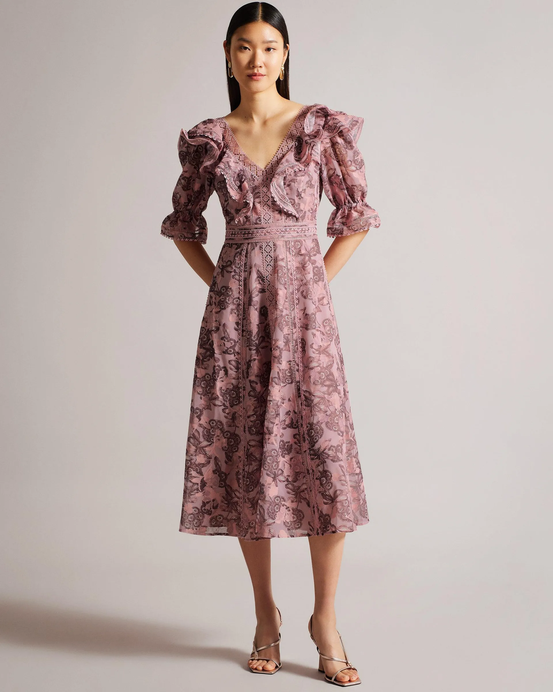 Ruffled Midi Dress With Lace Detail