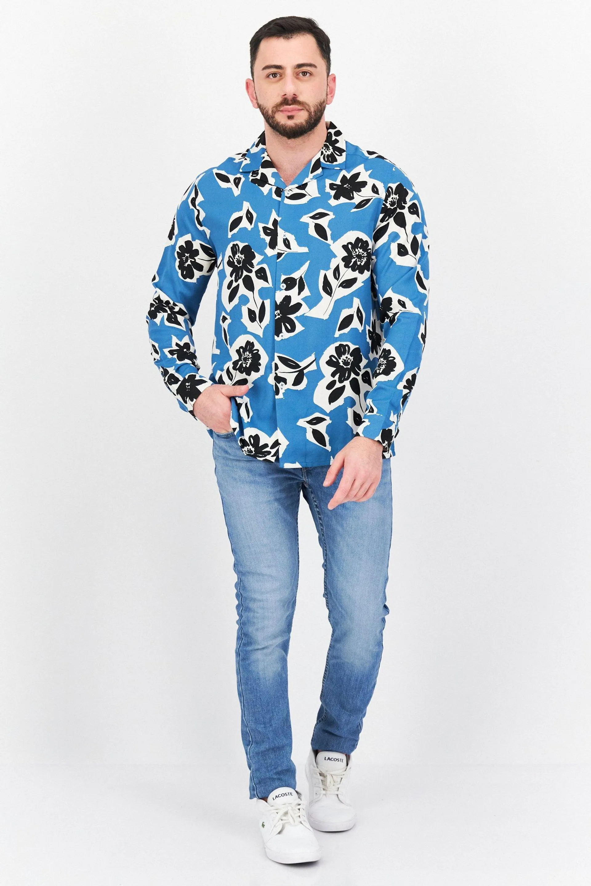 Men Relaxed Fit Floral Print Long Sleeves Casual Shirt, Blue Combo