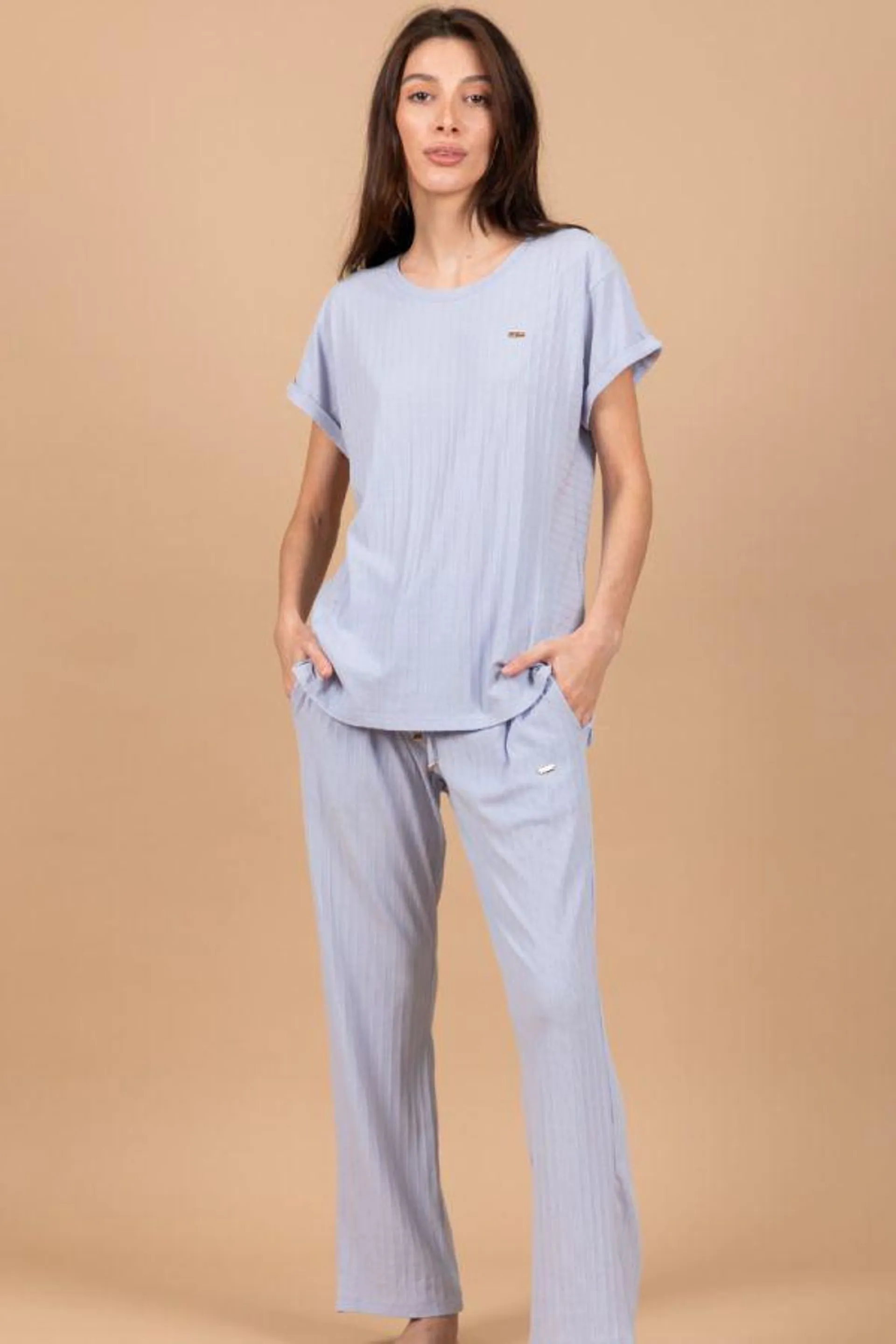 Ladies Pale Blue Rib Lounge PJ