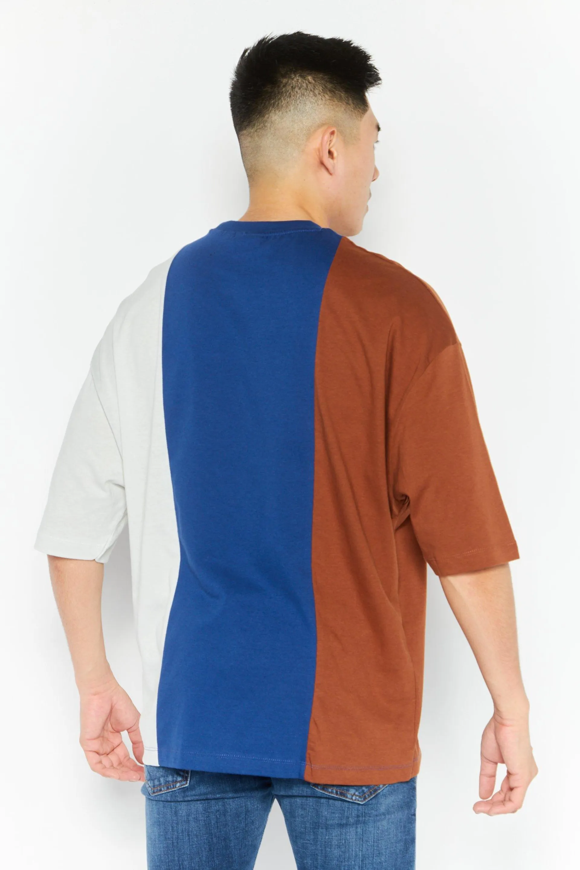 Men Oversized Fit Colorblocked Short Sleeves T-Shirt, Brown/Blue Combo