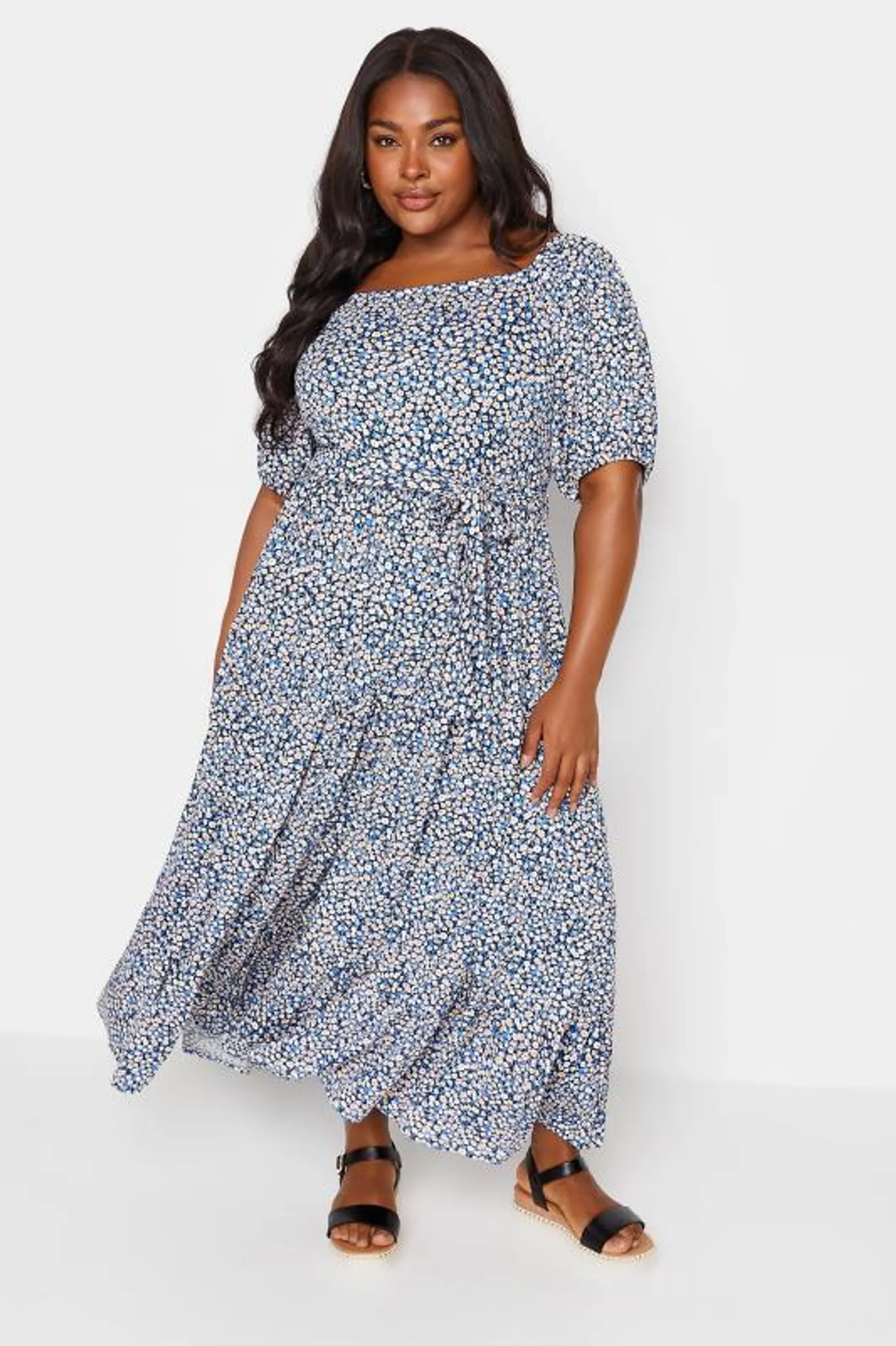 YOURS Curve Blue Ditsy Floral Tiered Maxi Dress