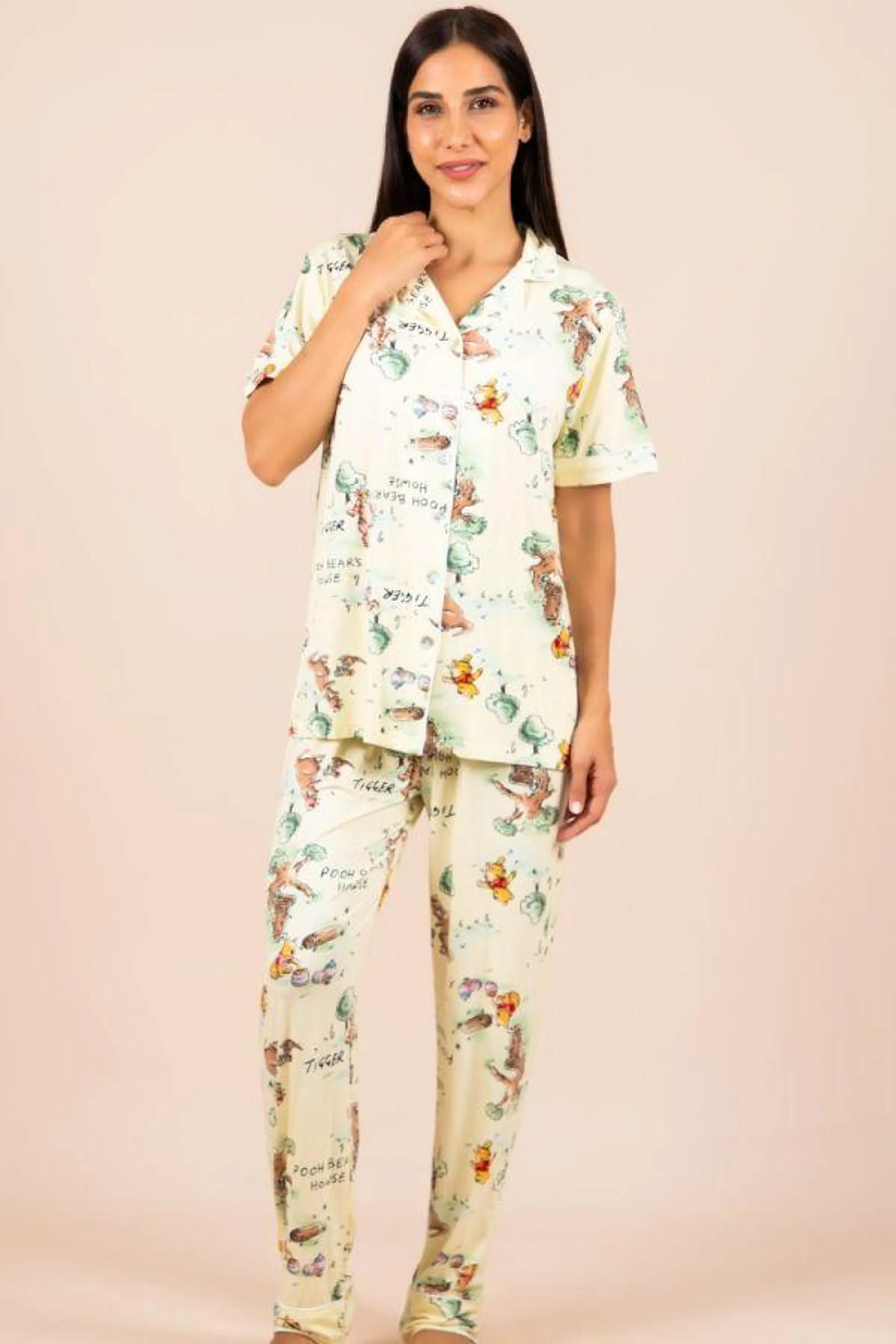 Ladies Lemon Winnie the Pooh Button Through PJ