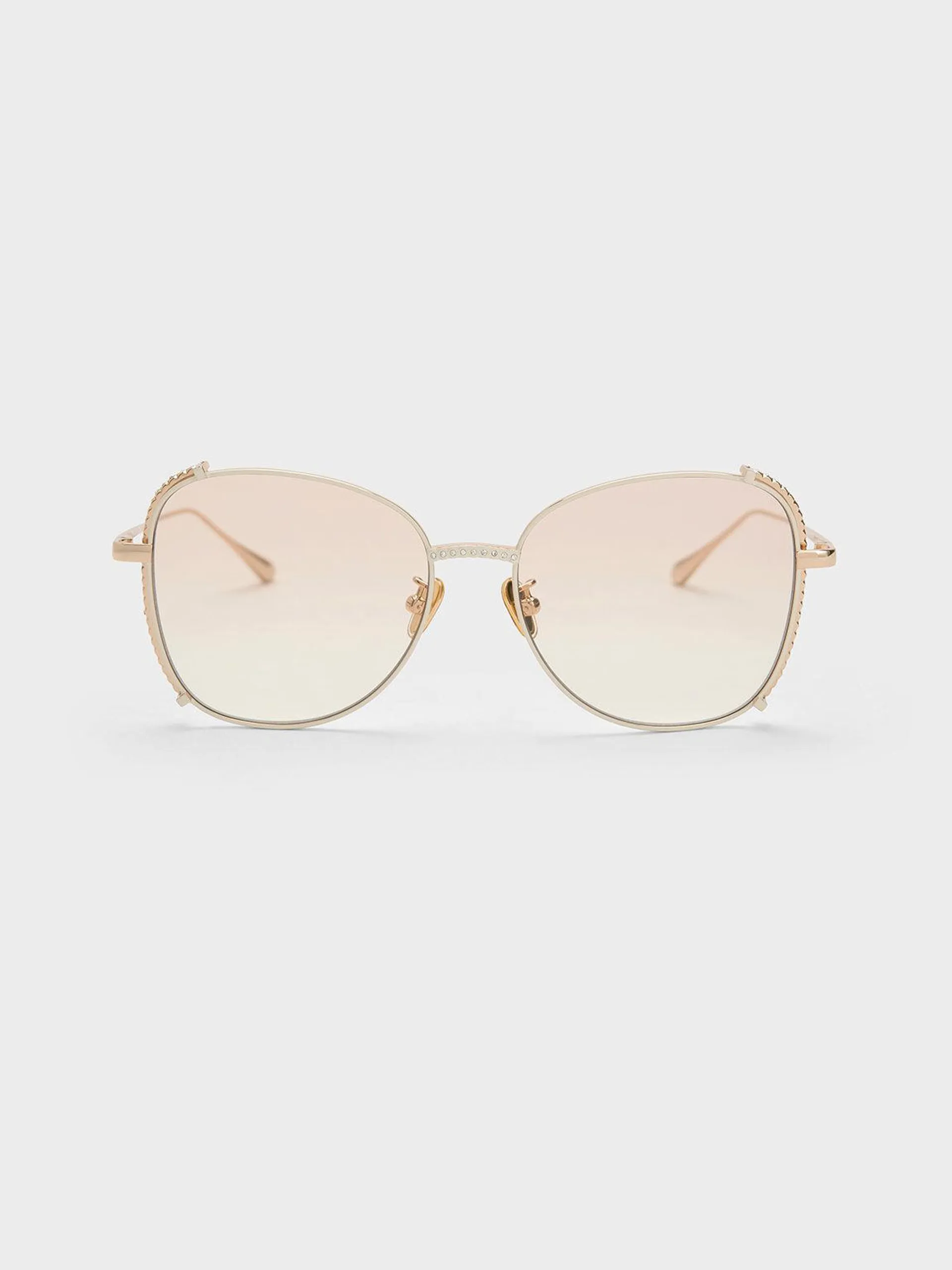 Embellished Half-Frame Butterfly Sunglasses - Cream