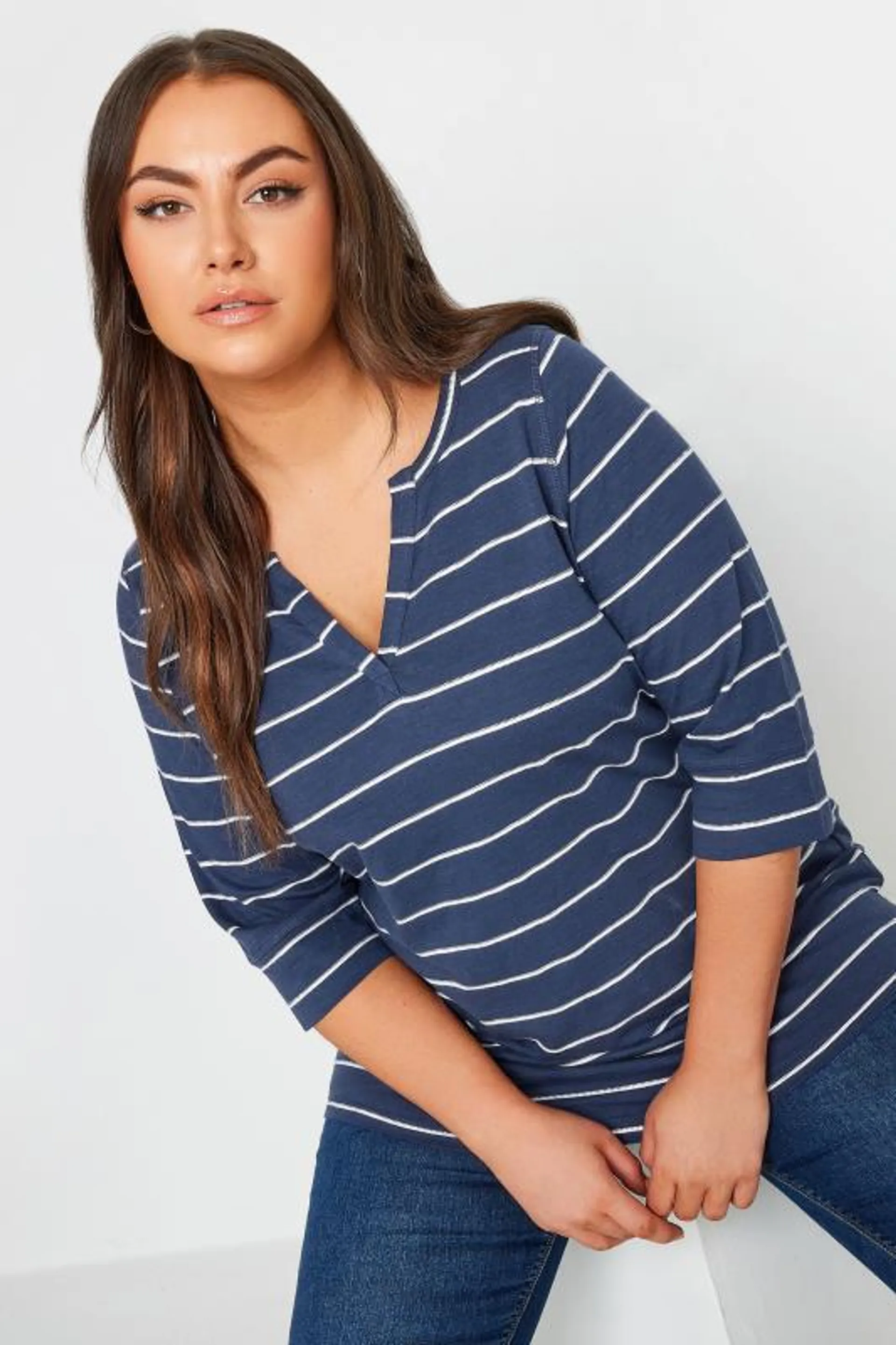 YOURS Curve Blue & White Stripe Notch Neck Top