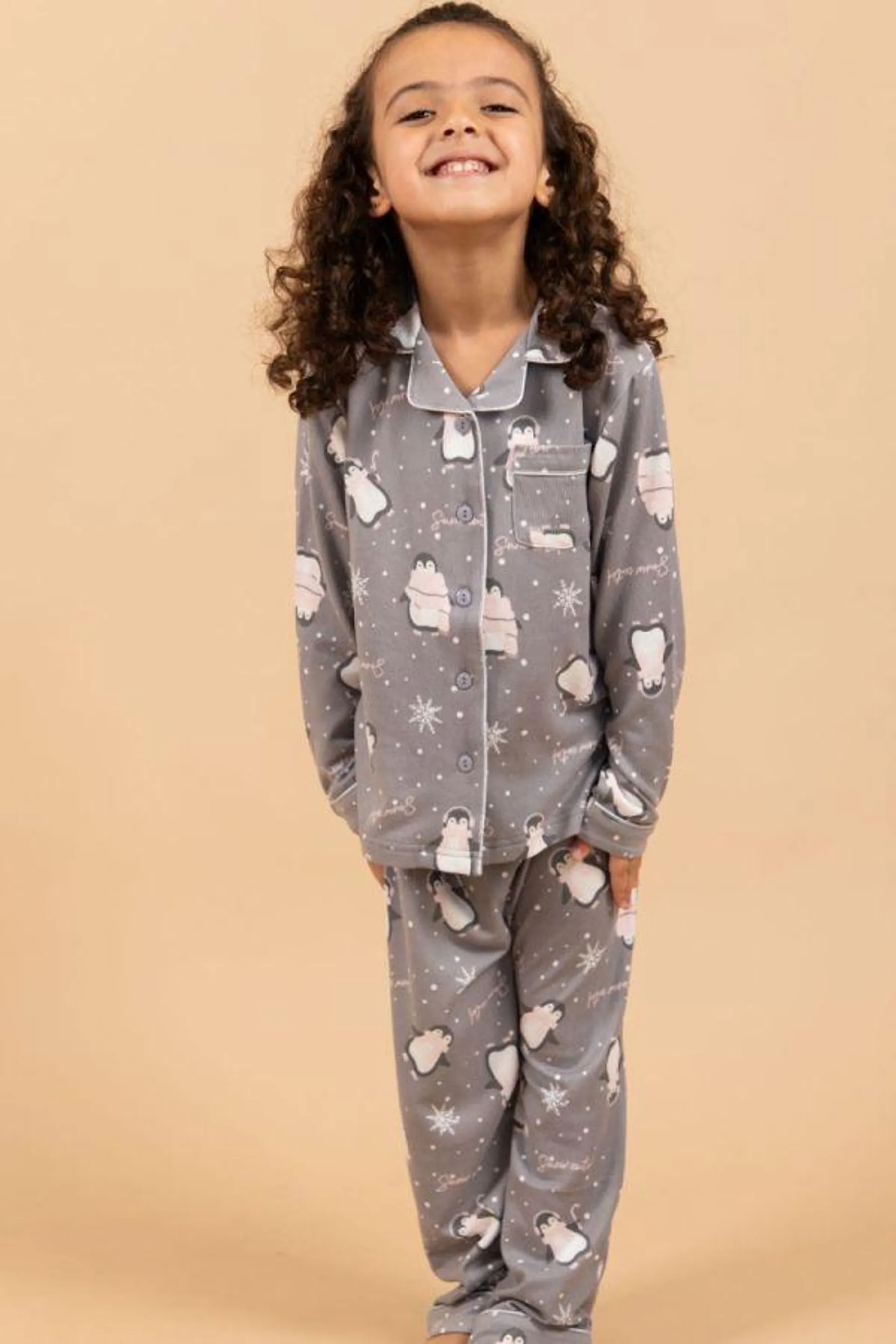 Girls Grey Penguin Button Through PJ