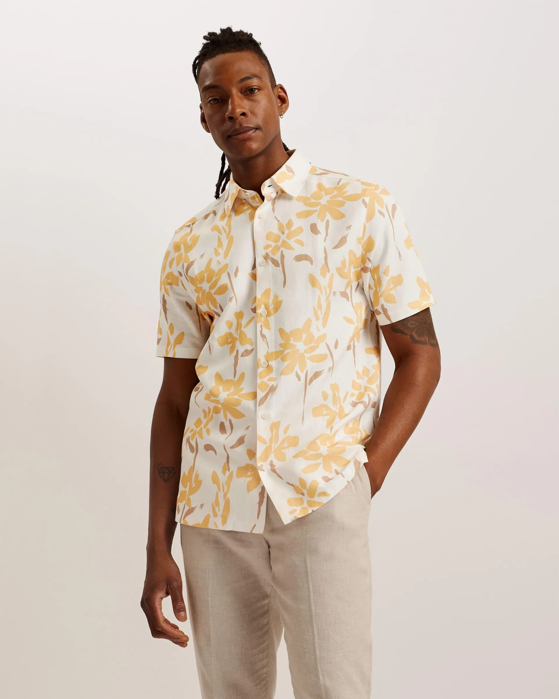 Verzee Short Sleeve Floral Print Shirt Yellow