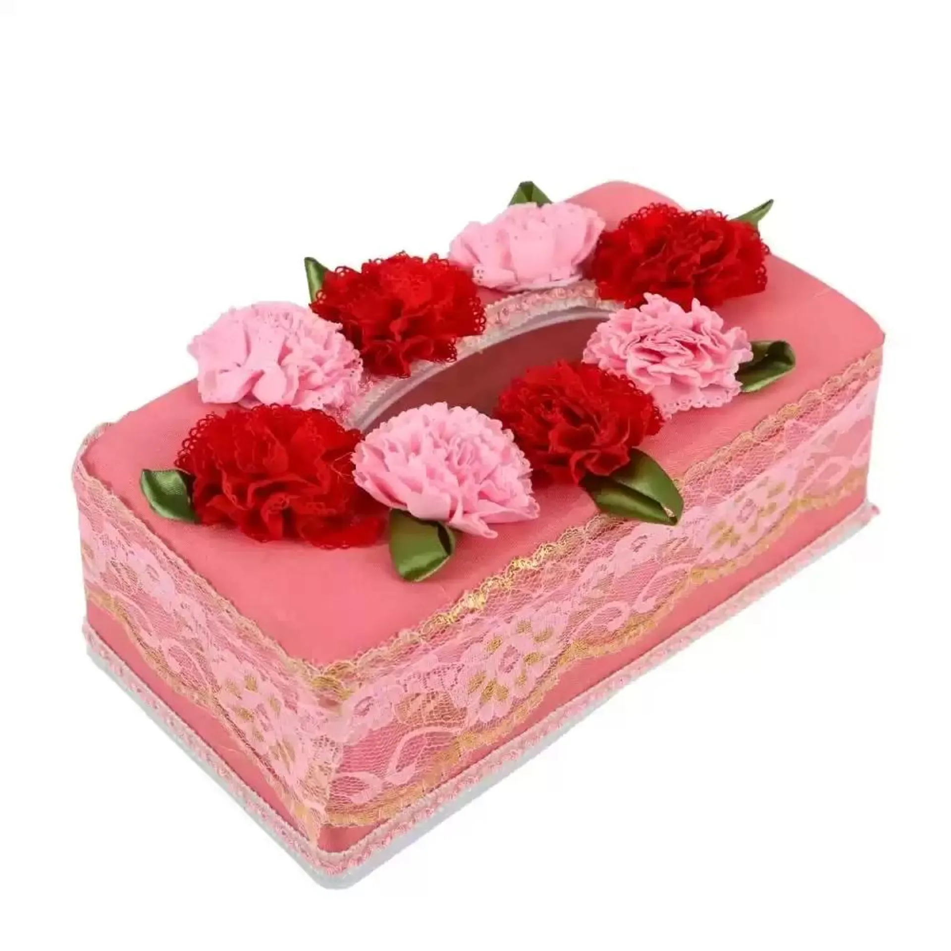 Floral And Lace Decorated Rectangle Tissue Box Case For Table Decoration- Pink