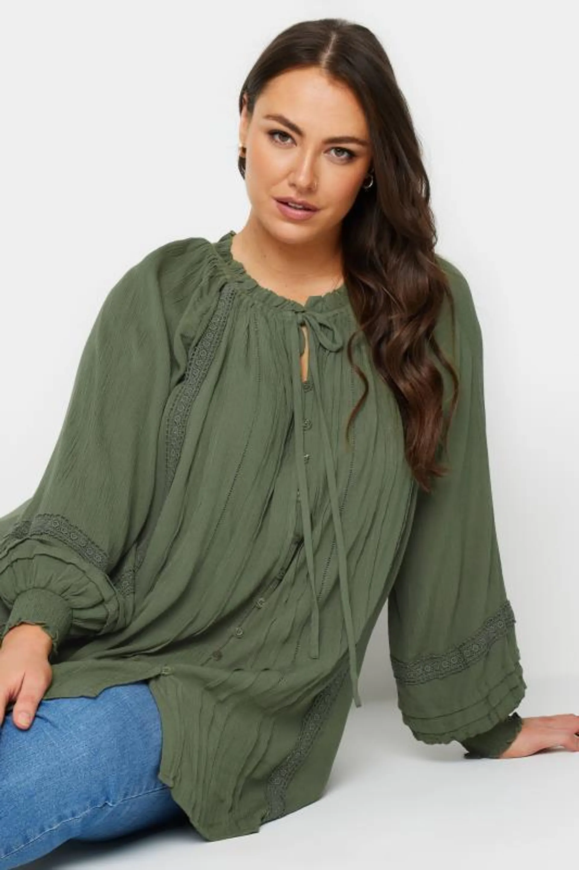 YOURS Curve Khaki Green Crinkle Tie Neck Blouse