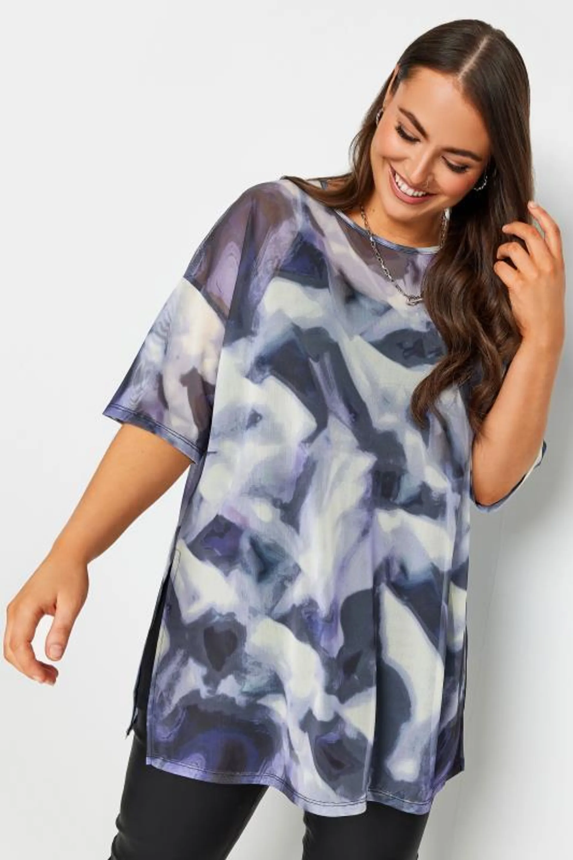 LIMITED COLLECTION Curve Black Abstract Print Oversized Mesh Top