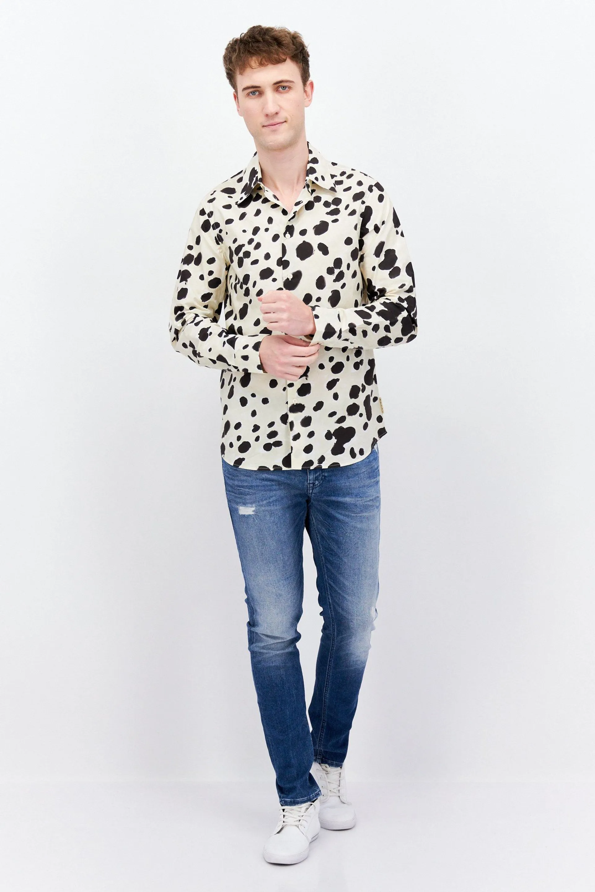 Men Regular Fit Allover Print Long Sleeve Casual Shirt, Off White/Black