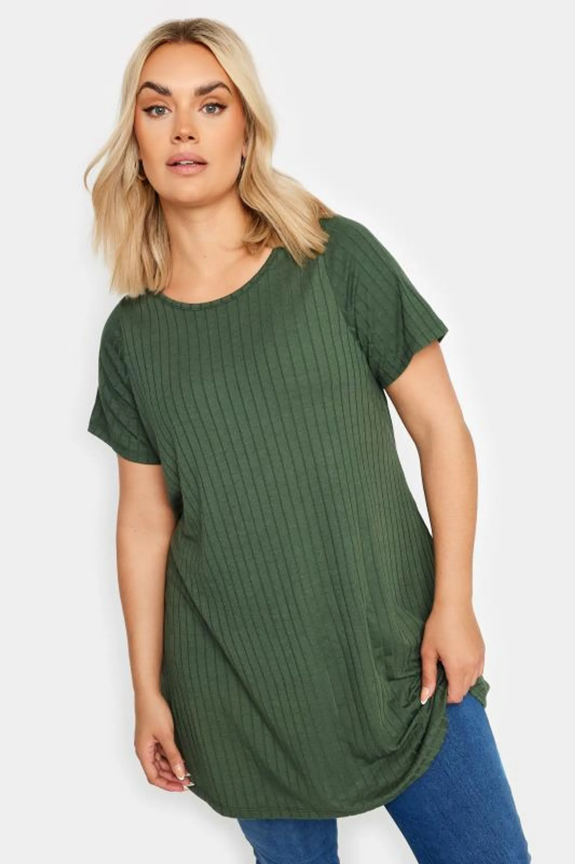 YOURS Curve Green Ribbed Short Sleeve Swing Top