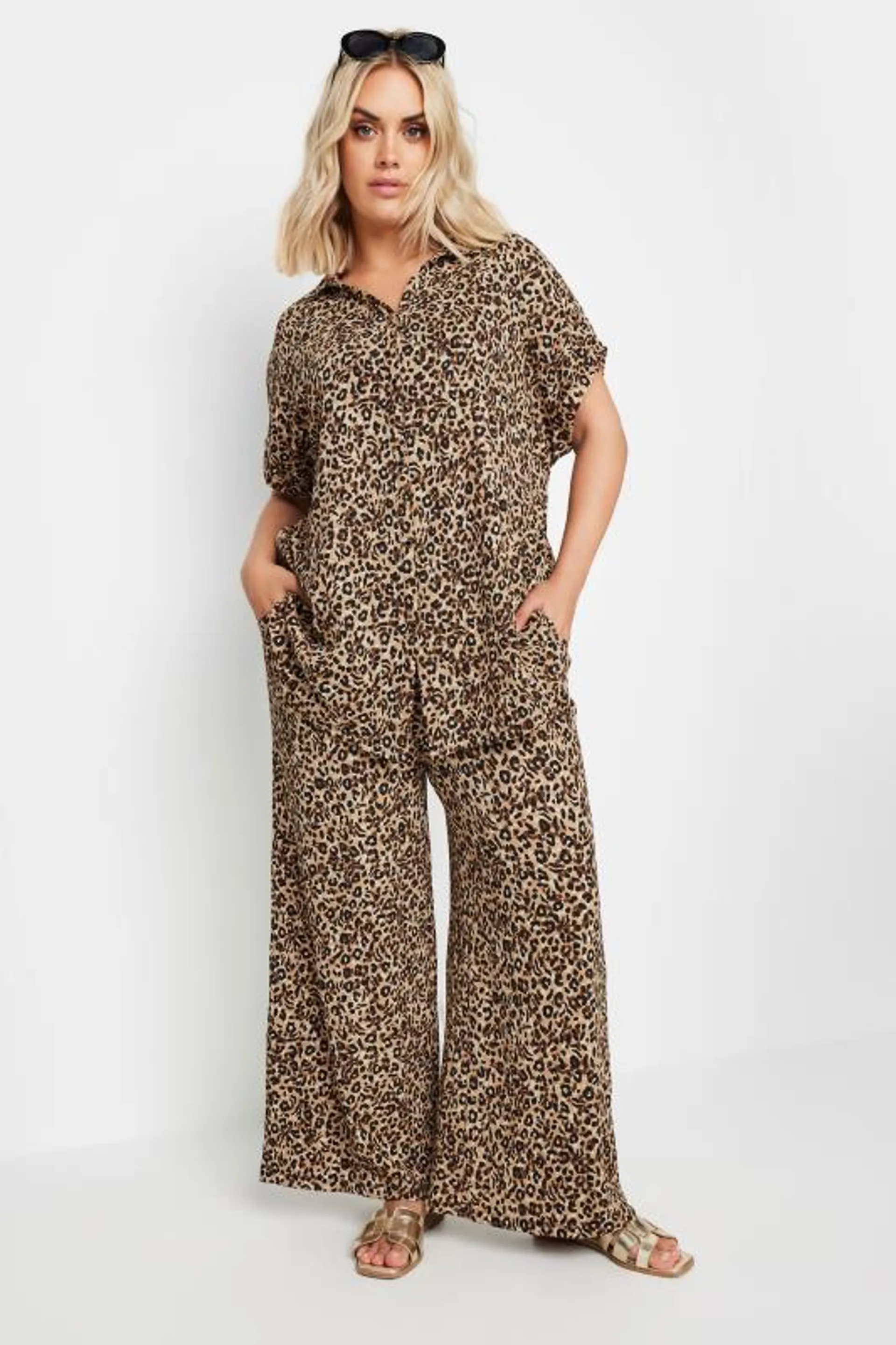 YOURS Curve Brown Leopard Print Crinkle Short Sleeve Shirt