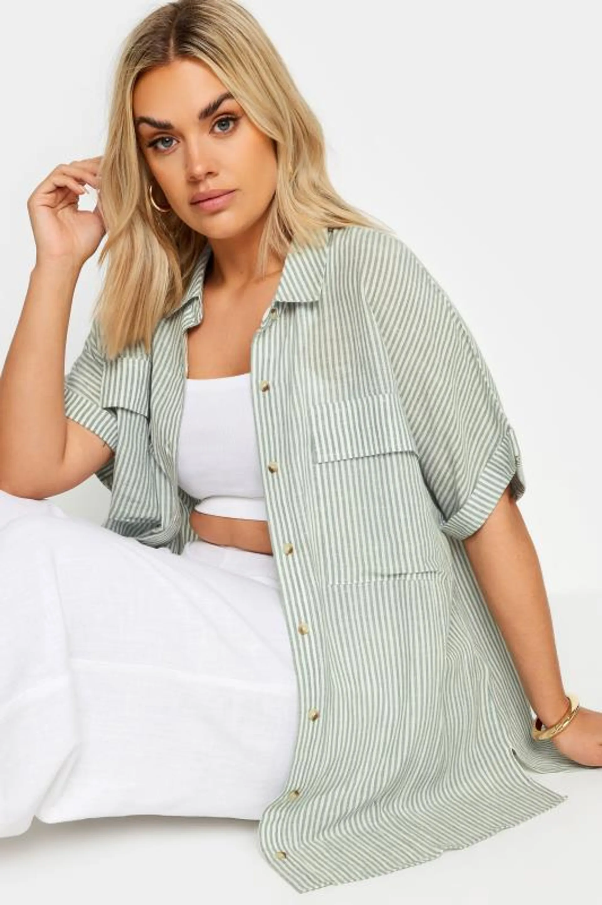 YOURS Curve Sage Green Stripe Linen Shirt