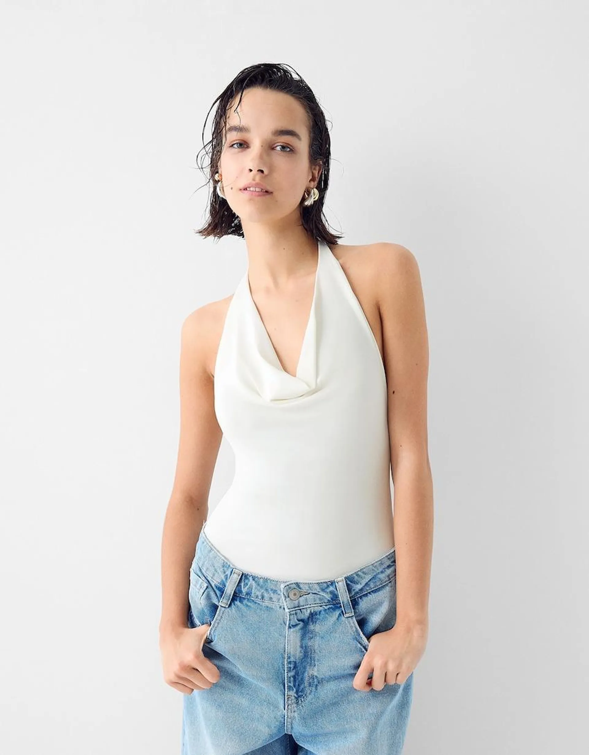 Draped halter bodysuit