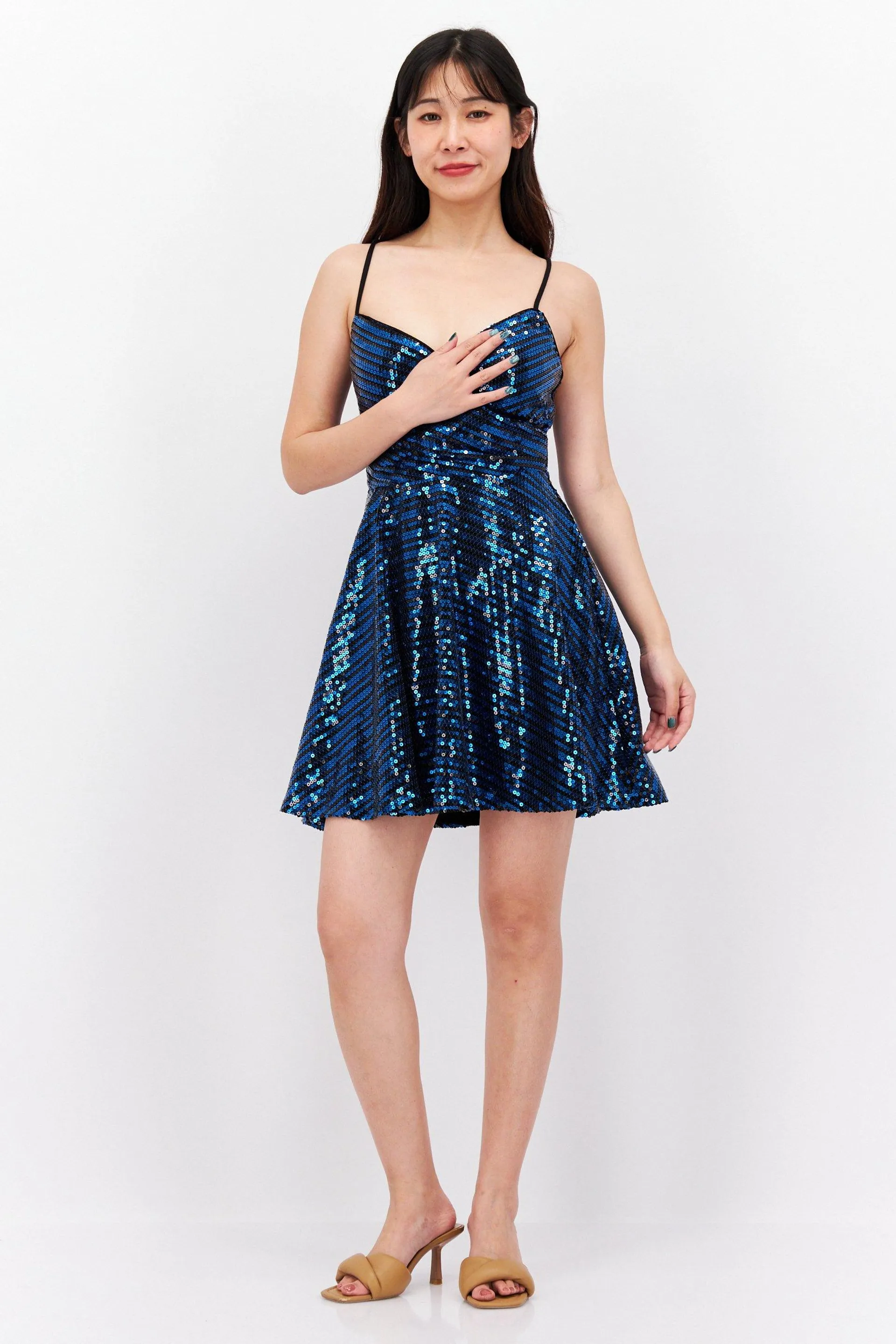 Women Textured Mini Dress, Black/Blue