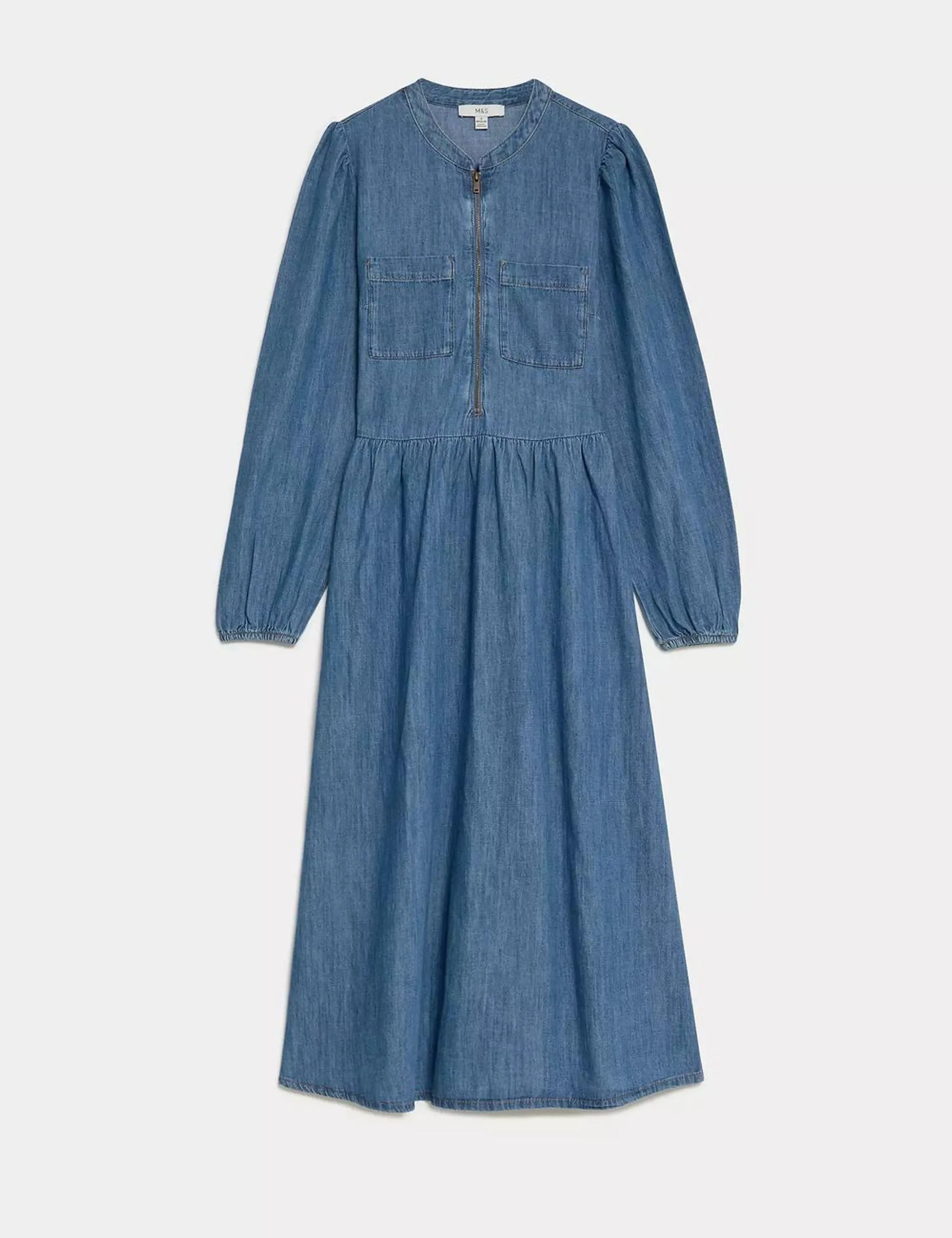 Denim Round Neck Midaxi Waisted Dress