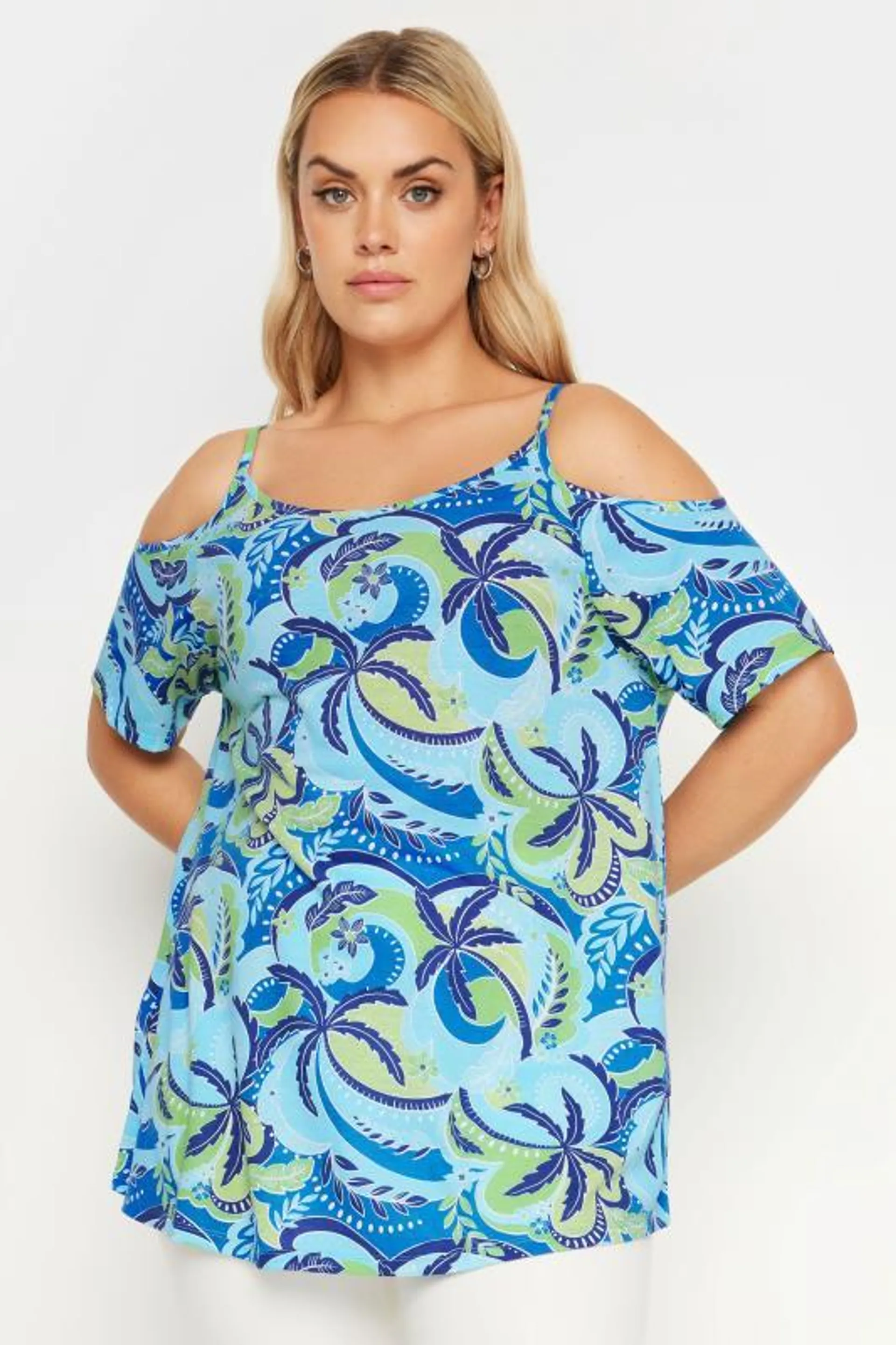 YOURS Curve 2 PACK Blue & Black Swirl Print Cold Shoulder Tops