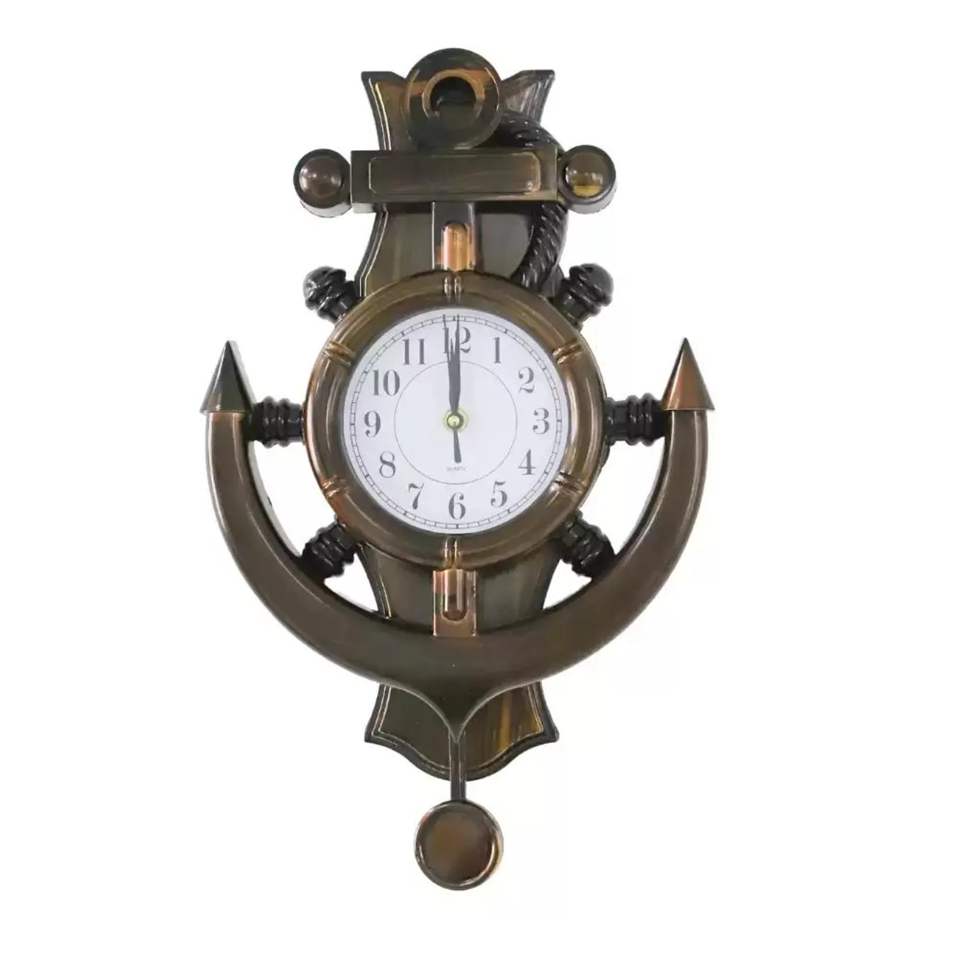 Quartz Wood Anchor Wall Clock With Hanging Plastic Pendulum In Ship Steering Design- Brown