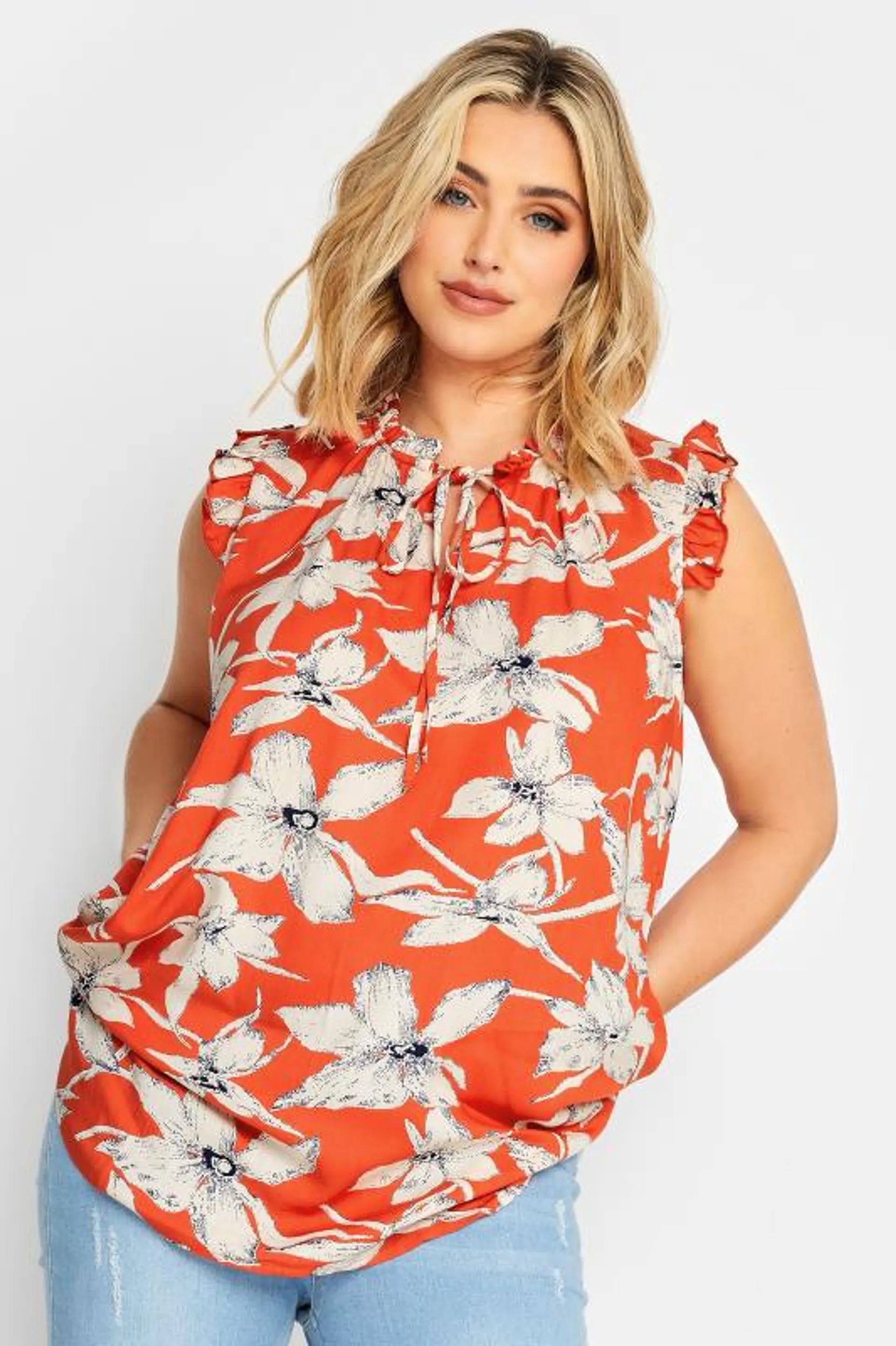 YOURS Curve Orange Floral Print Frill Neck Top