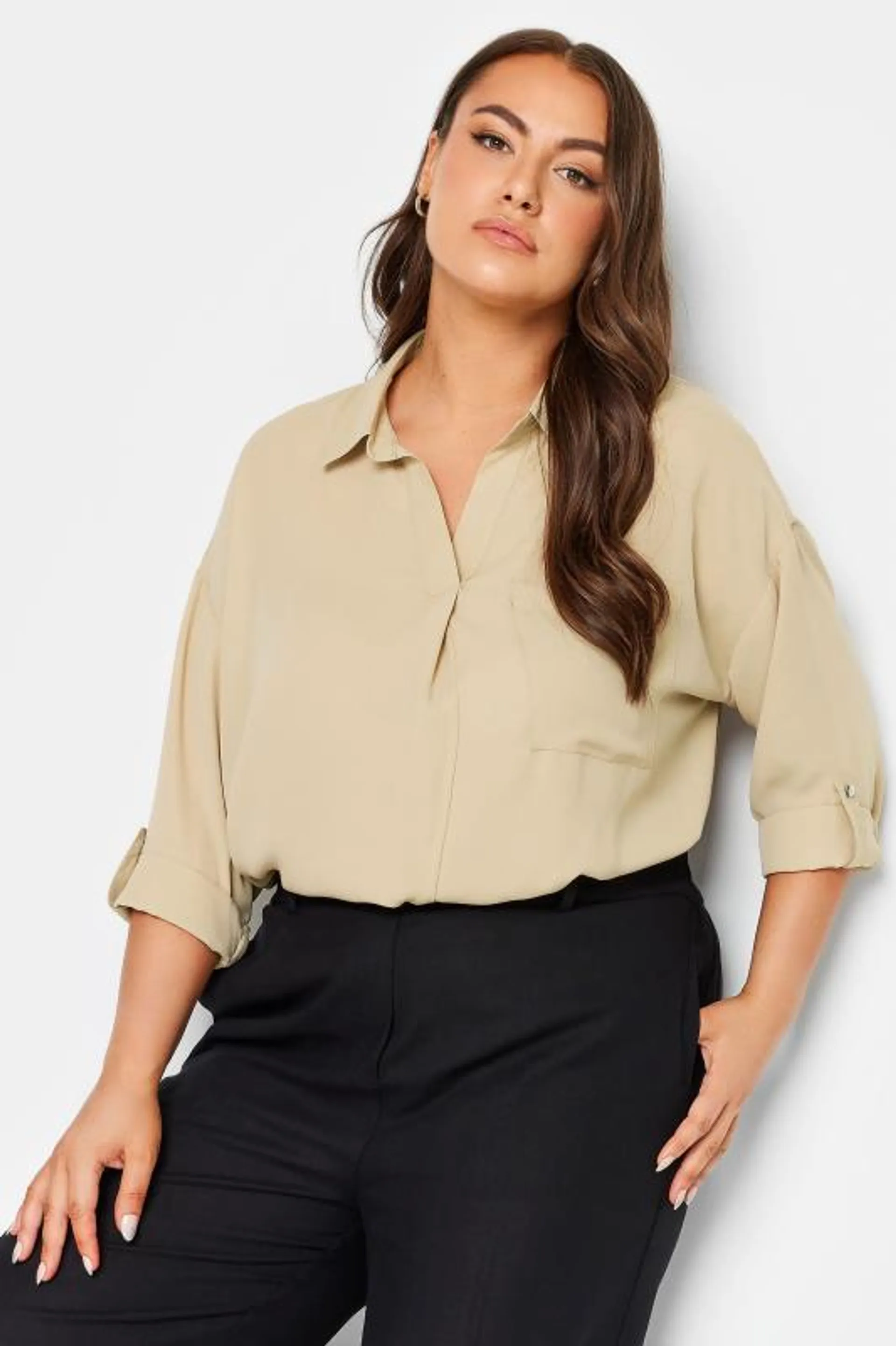 YOURS Curve Beige Brown Half Placket Collared Blouse