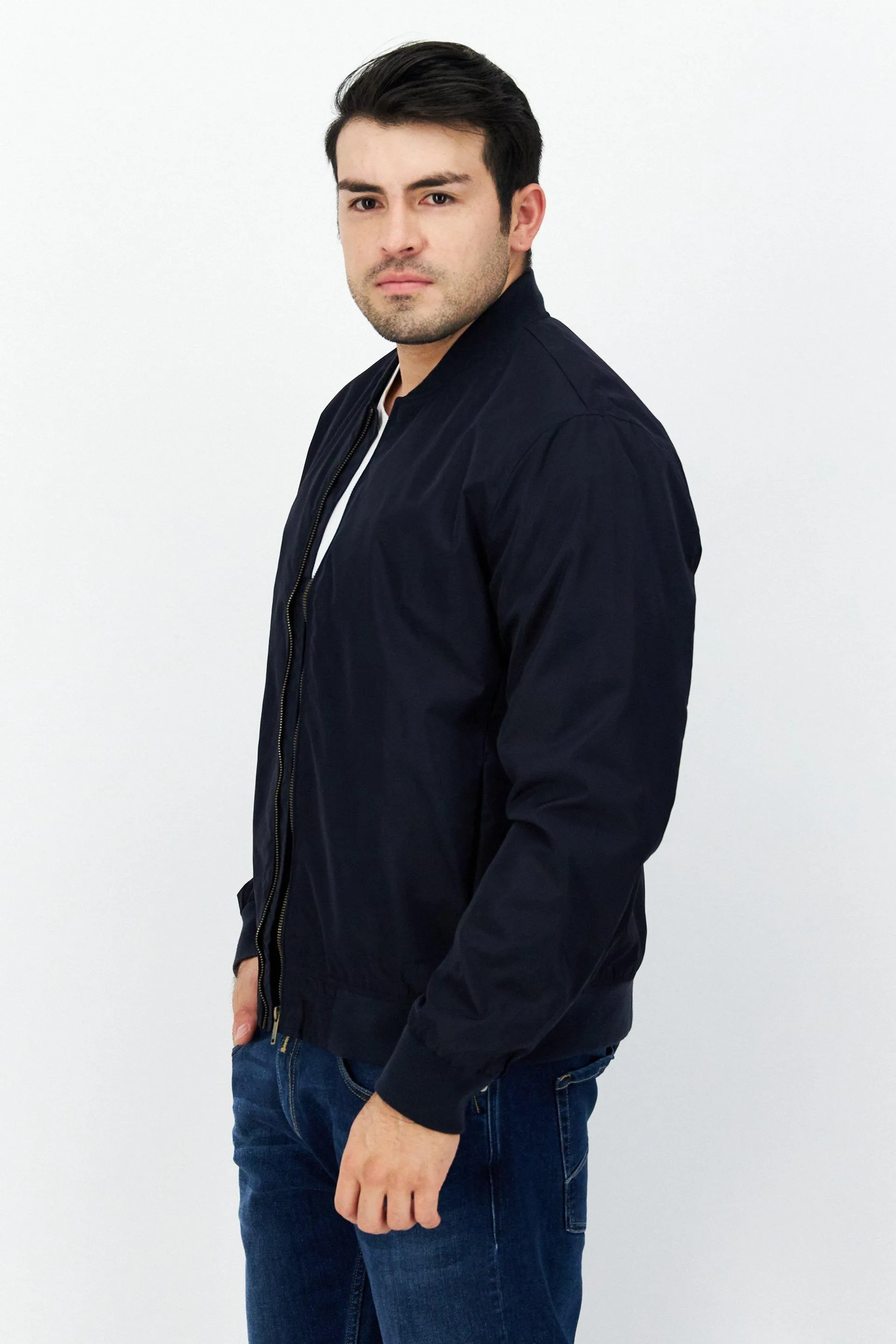 Men Band Neck Plain Bomber Jacket, Navy Blue