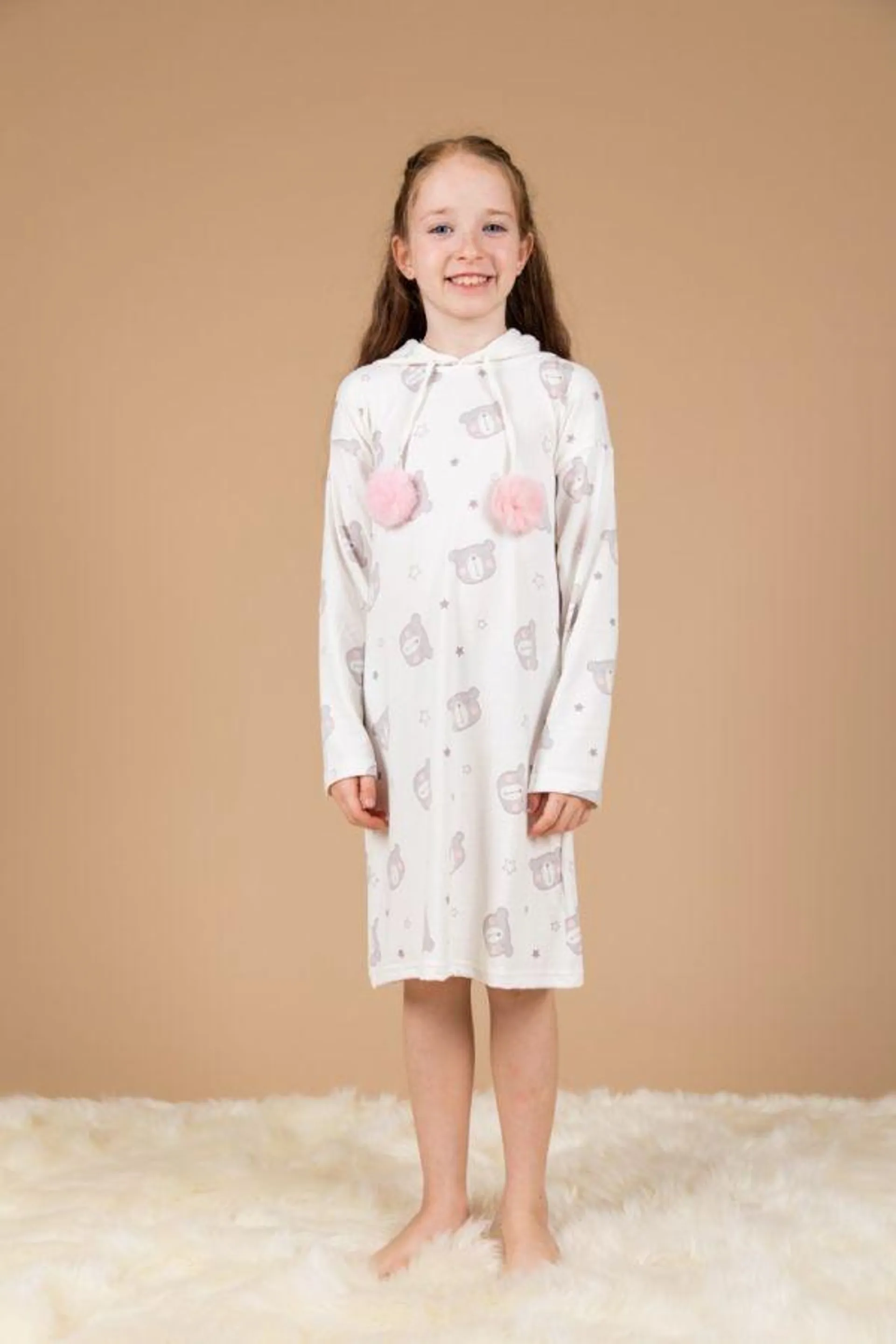 Girls White Bear Face Hooded Nightdress