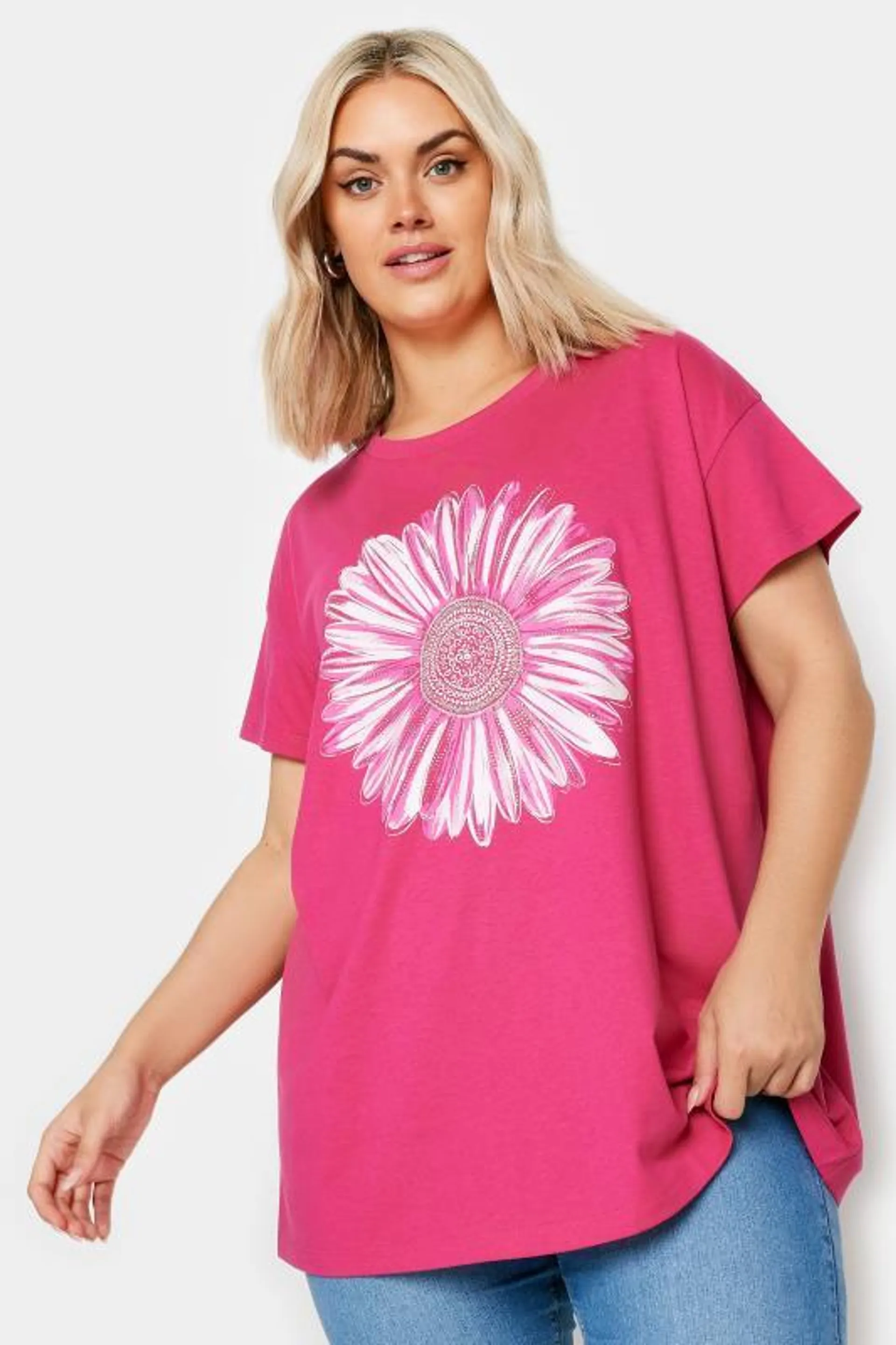 YOURS Curve Pink Stud Floral Print T-Shirt