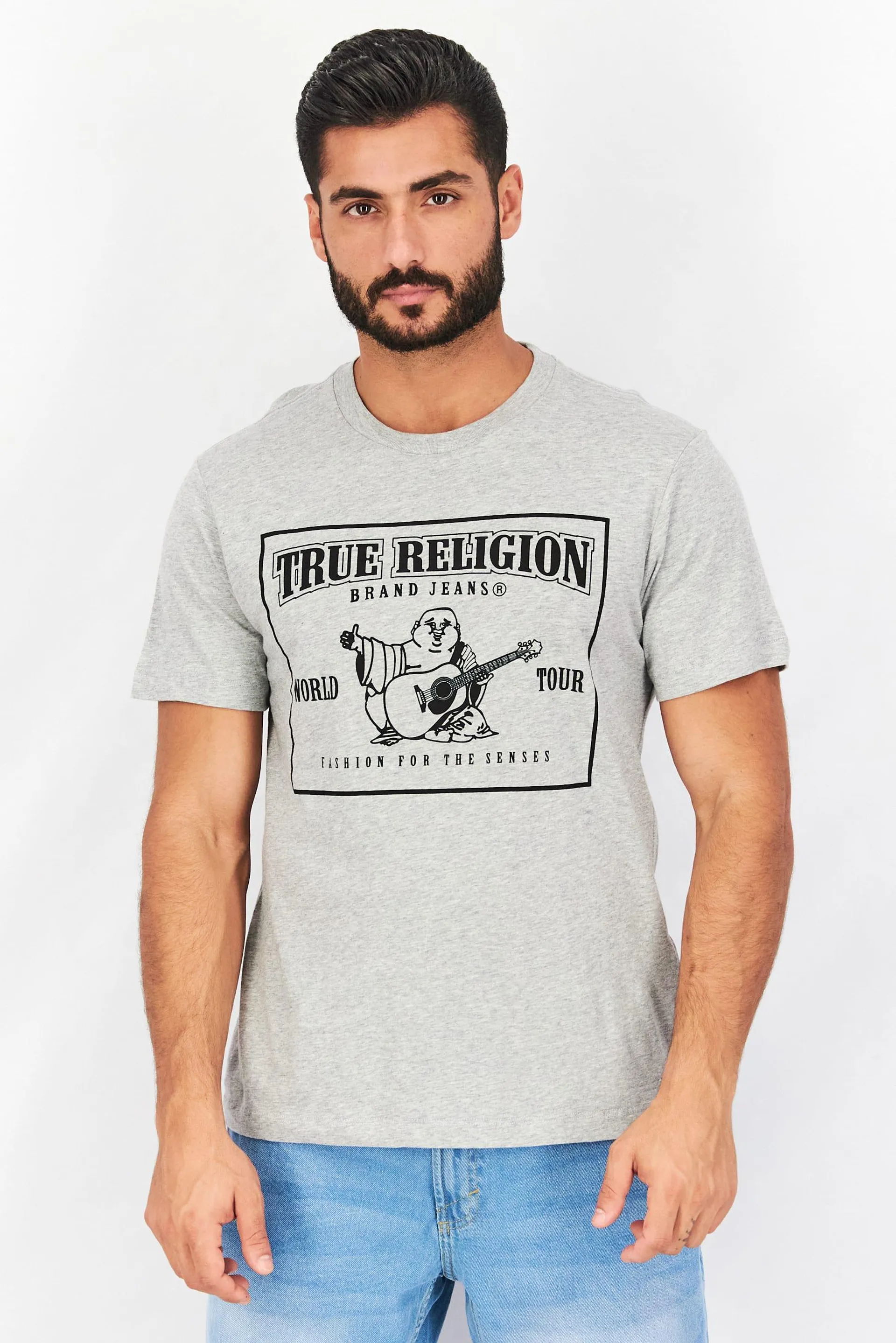 Men Crew Neck Short Sleeve Graphic Print T-Shirt, Grey
