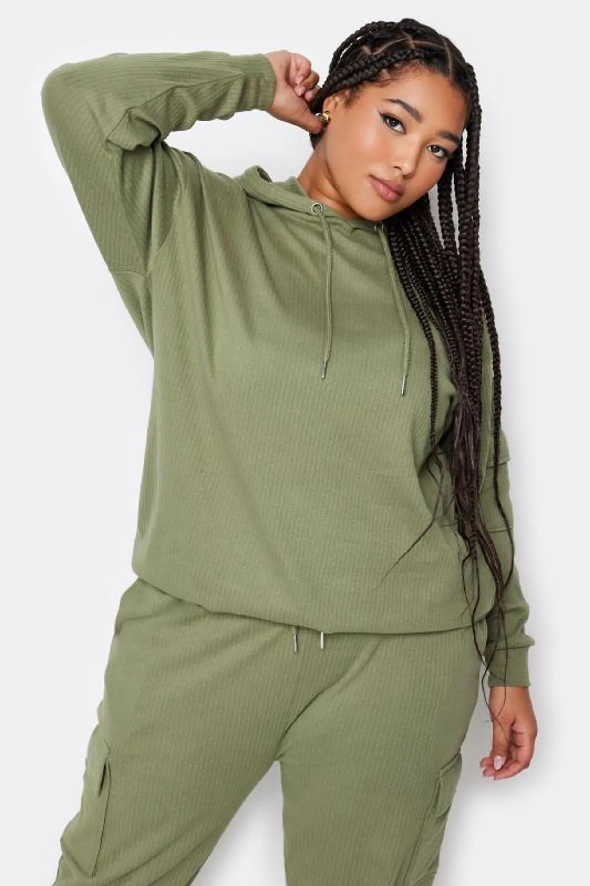 YOURS Curve Khaki Green Ribbed Cargo Hoodie