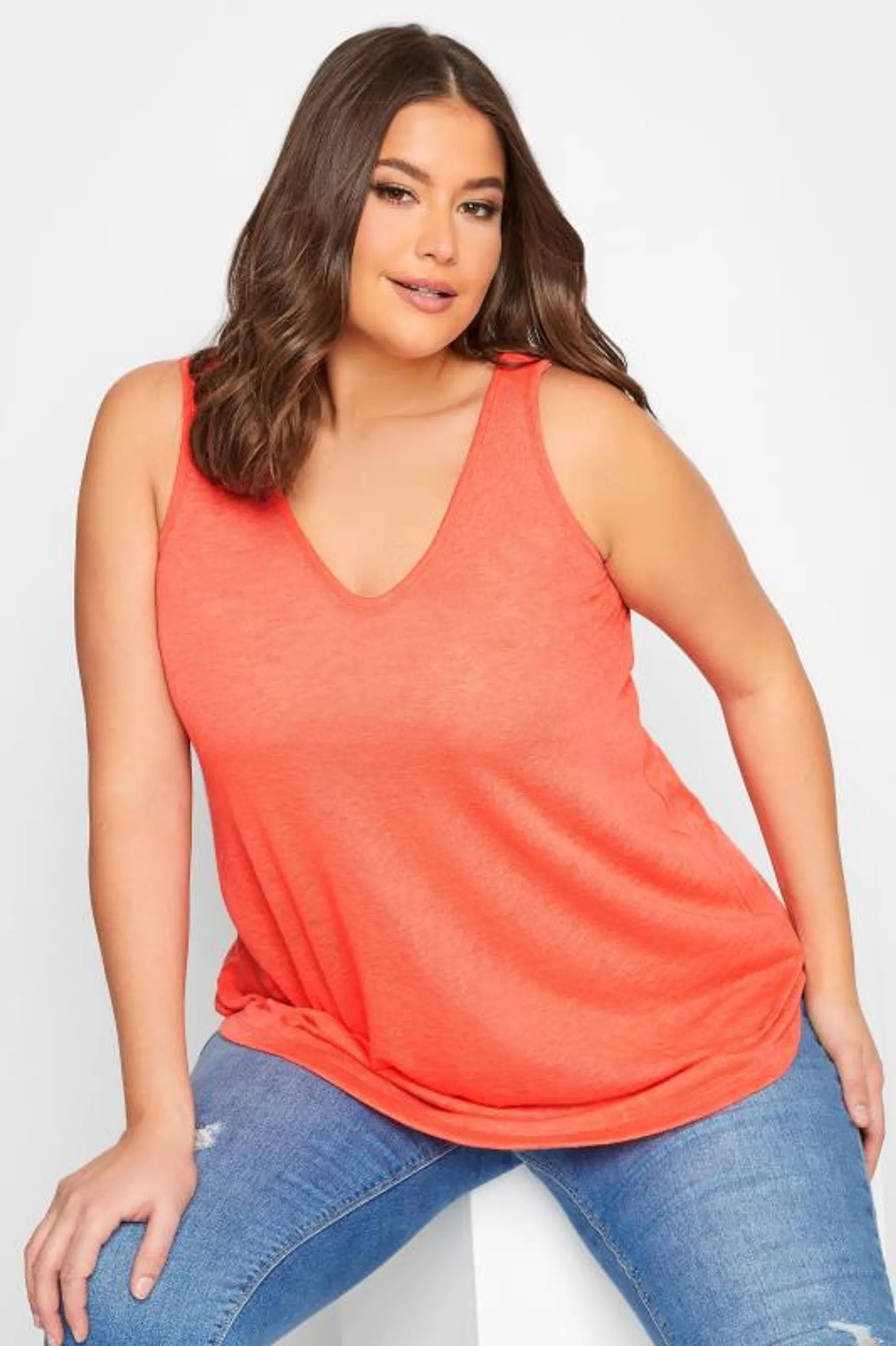 YOURS Curve Coral Pink Linen Look Vest Top