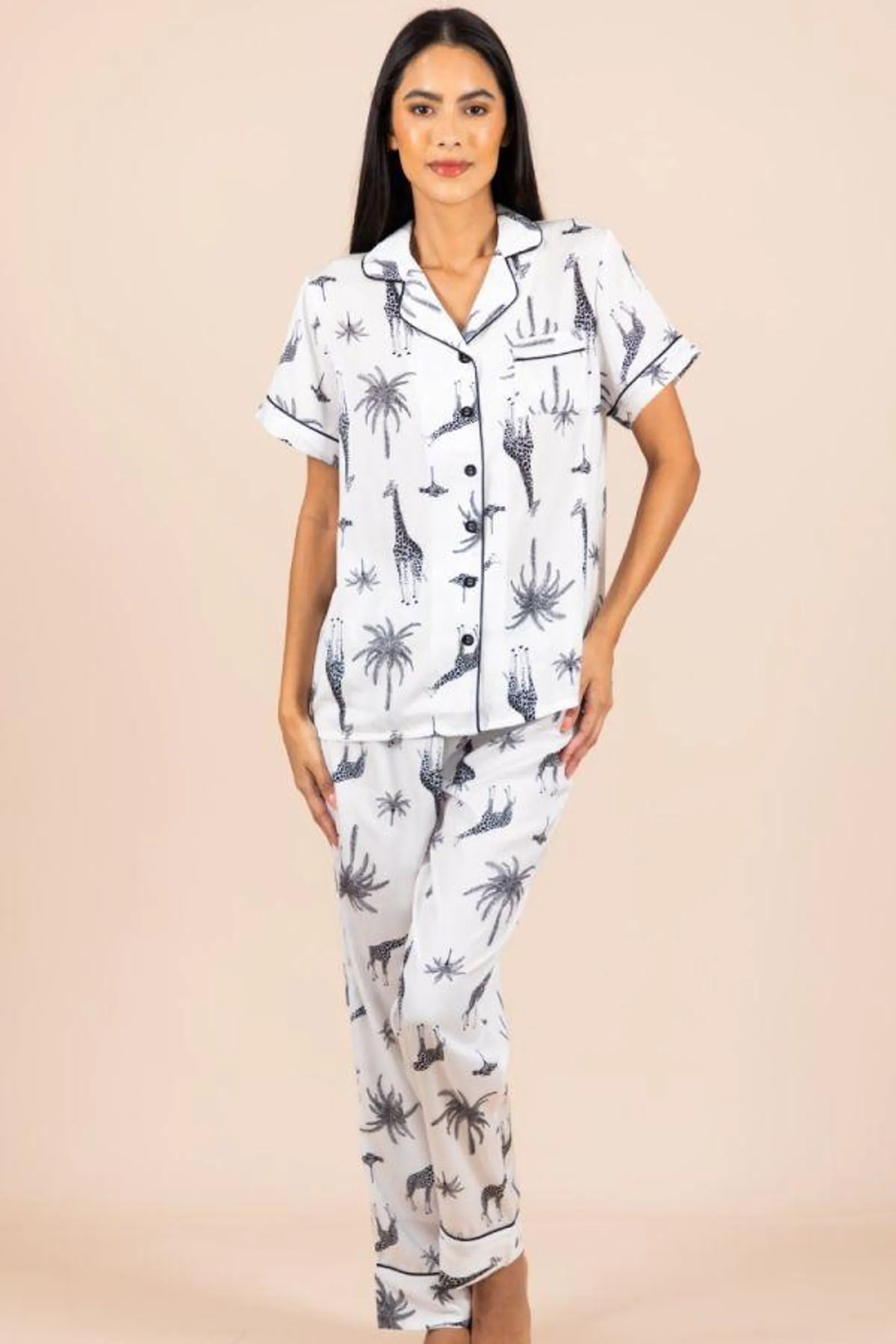 Ladies White Giraffe Palm Button Through PJ