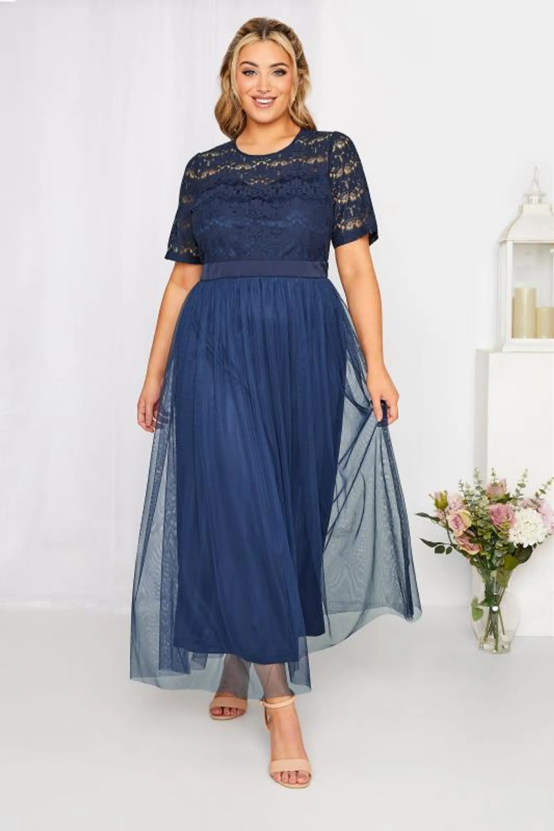 YOURS LONDON Curve Navy Blue Lace Chiffon Maxi Dress