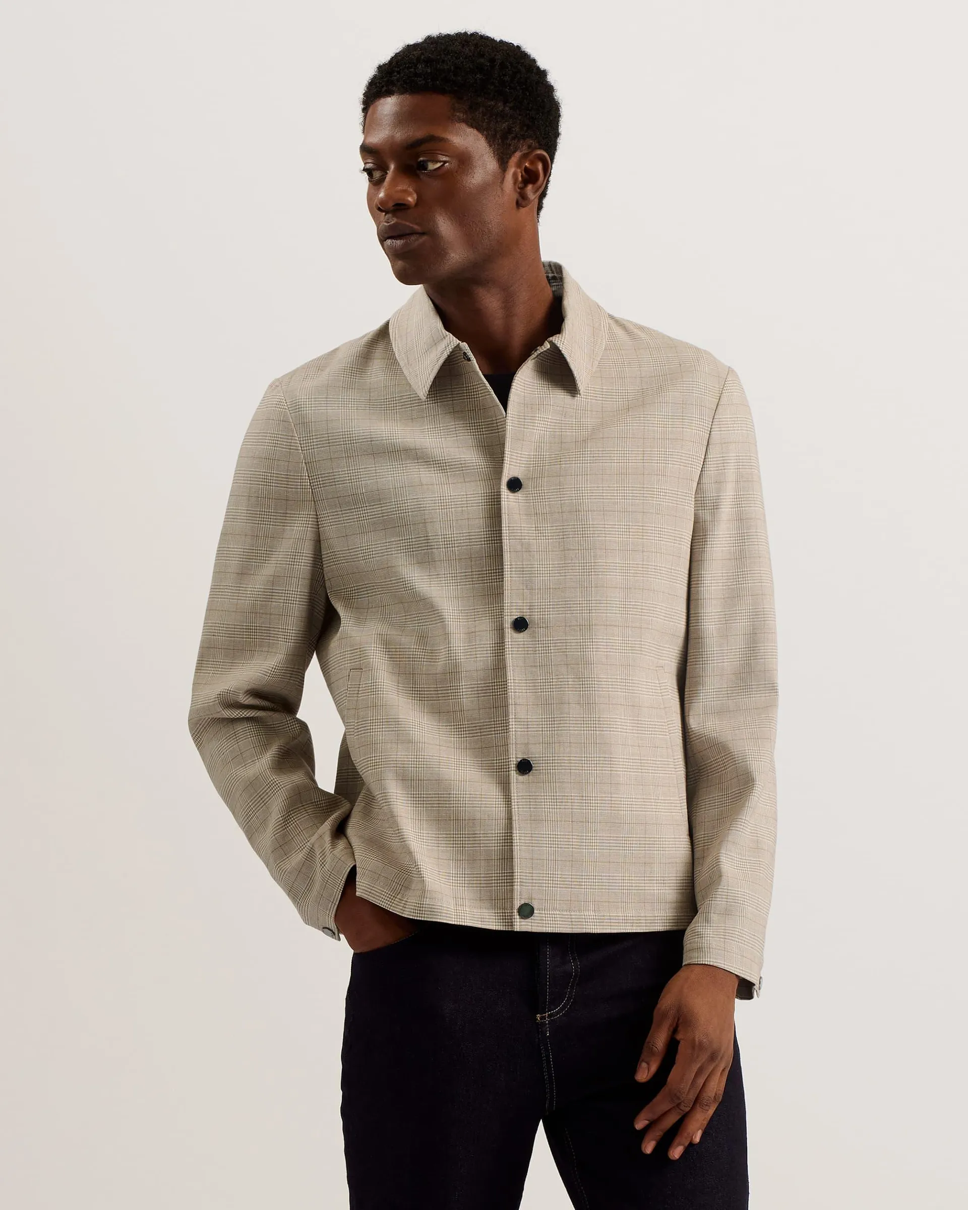 Firs Check Print Collared Linen Jacket Taupe