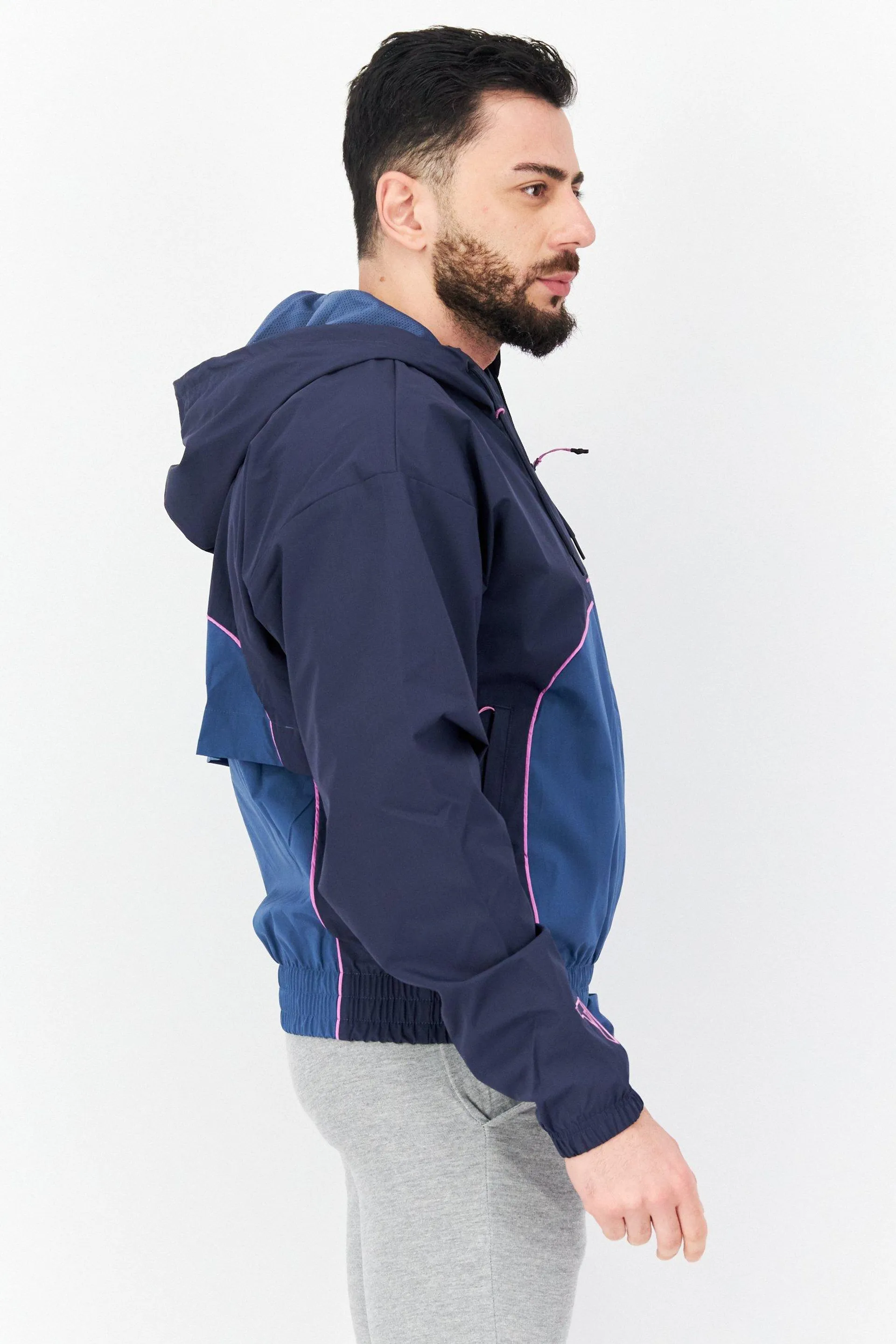 Men Sportswear Fit Embroidered Logo Running Windbreaker Jacket, Navy/Pink Combo