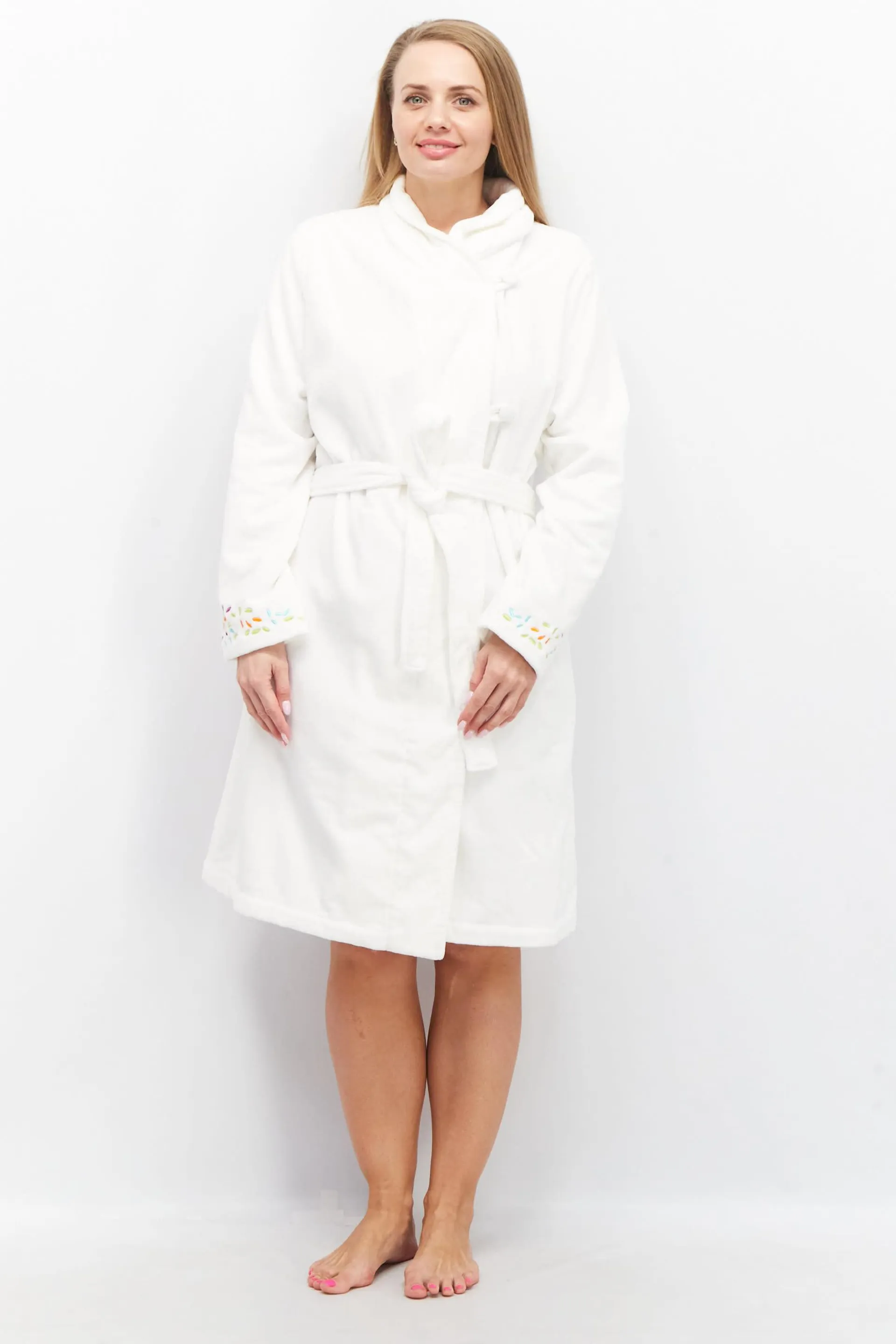 Women Long Sleeve Textured Robe, White