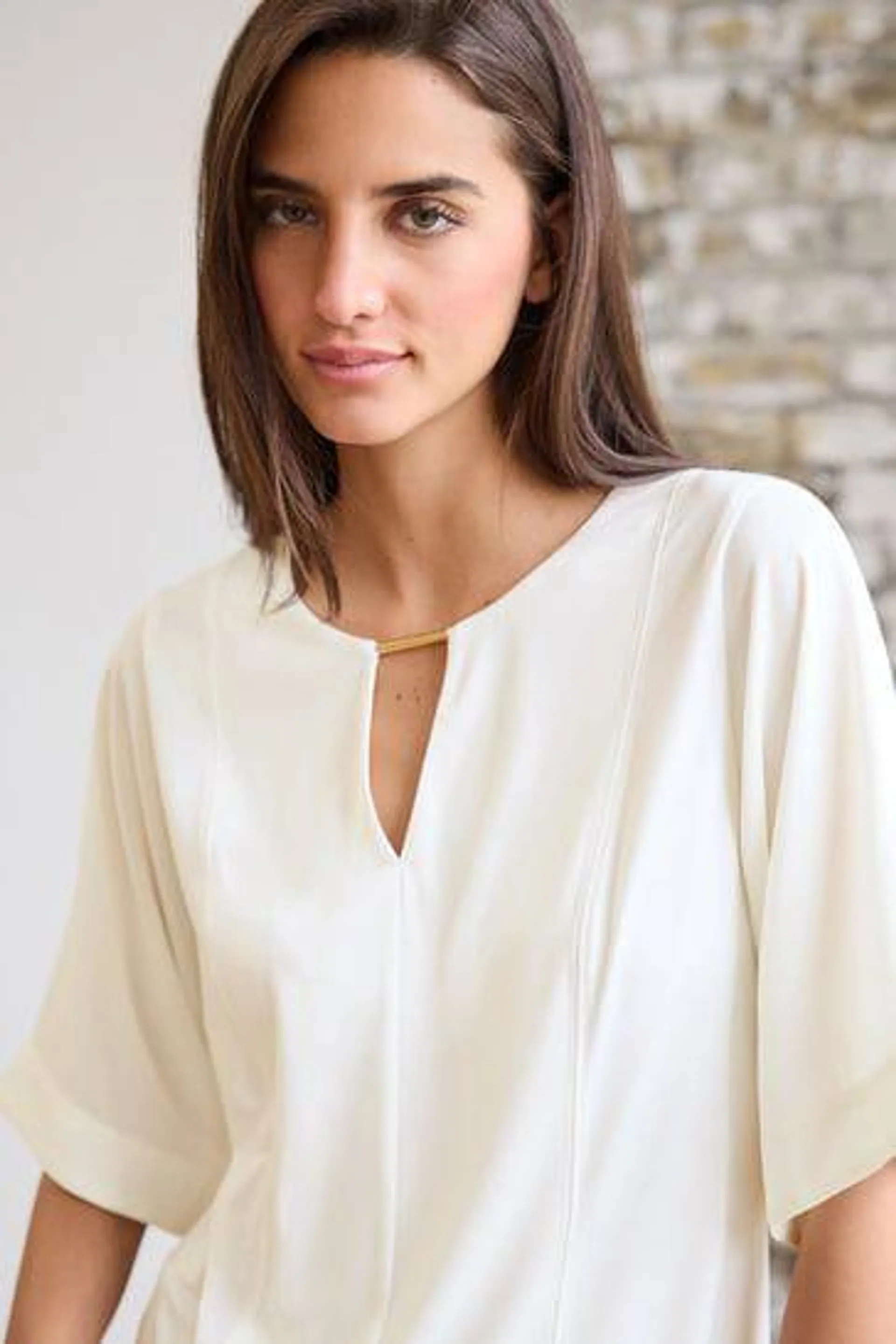 Short Sleeve Round Neck Blouse With Hardware Detail