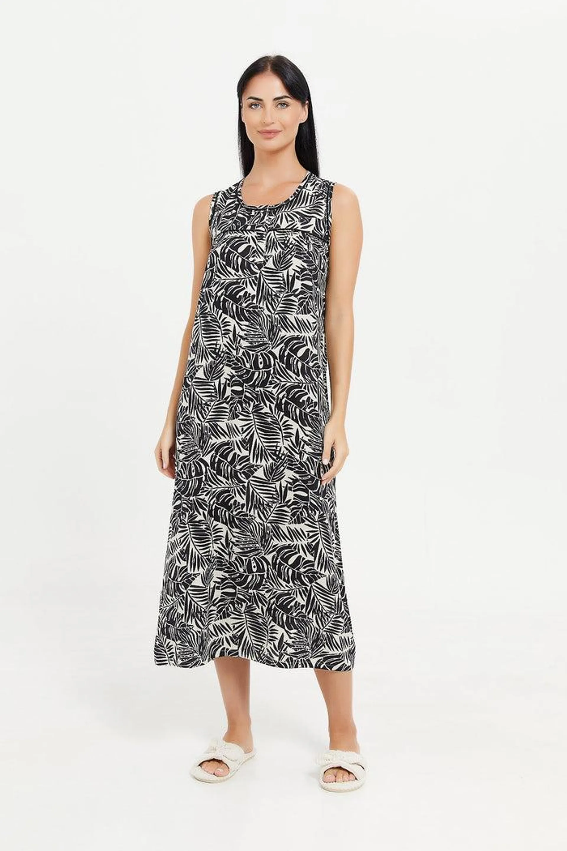 Women Black Printed Sleeveless Nightgown